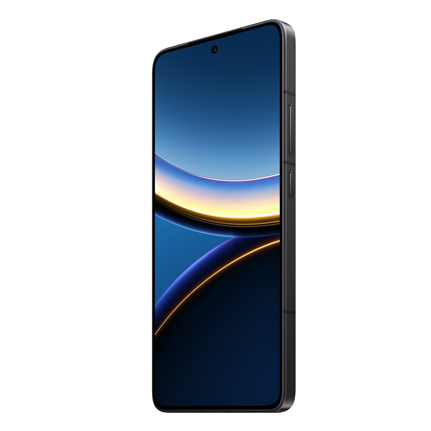 Een slanke, zwarte smartphone, schuine weergave, met een blauw en geel scherm.