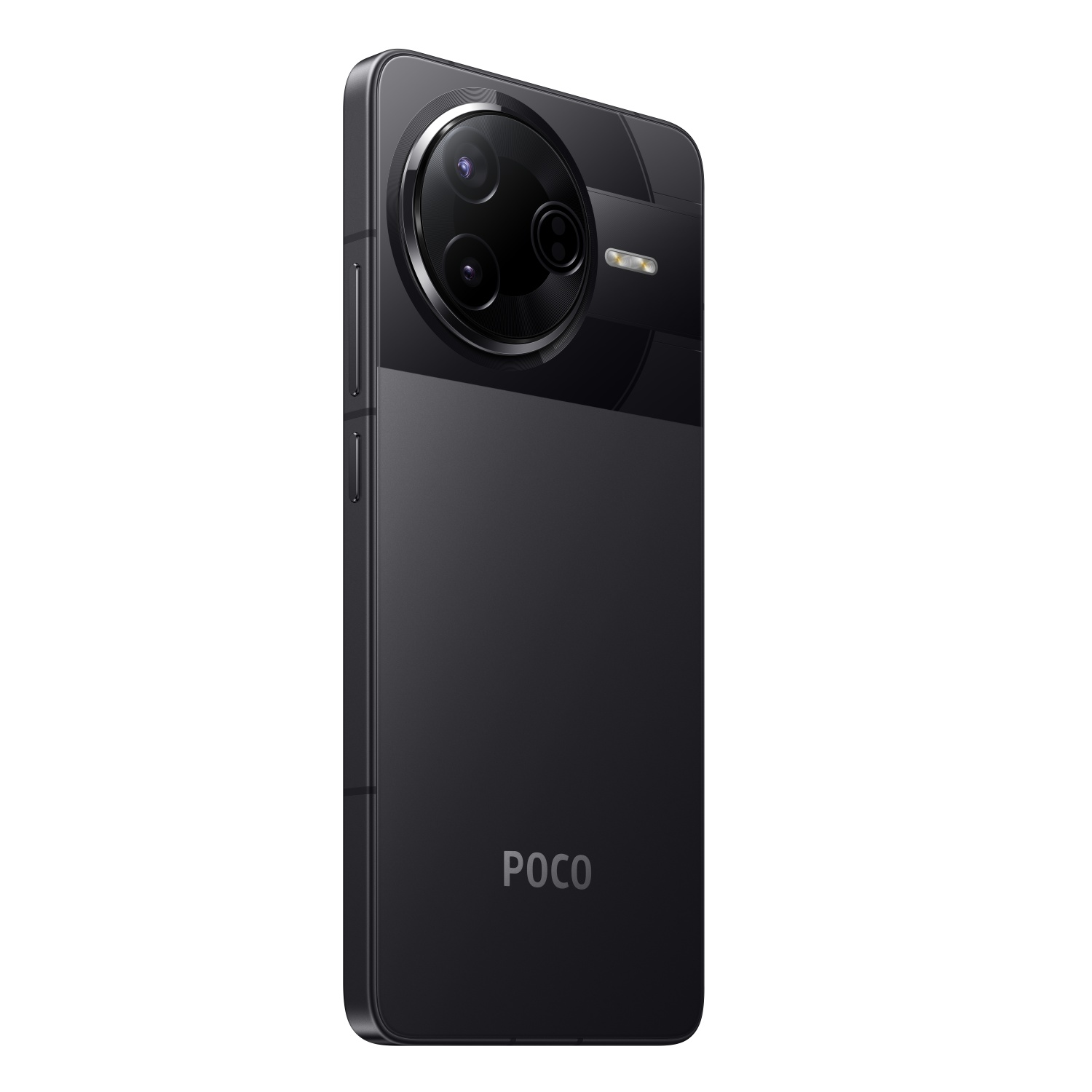 Een zwarte telefoon met drie camera's op de achterkant. Het POCO-logo is zichtbaar.