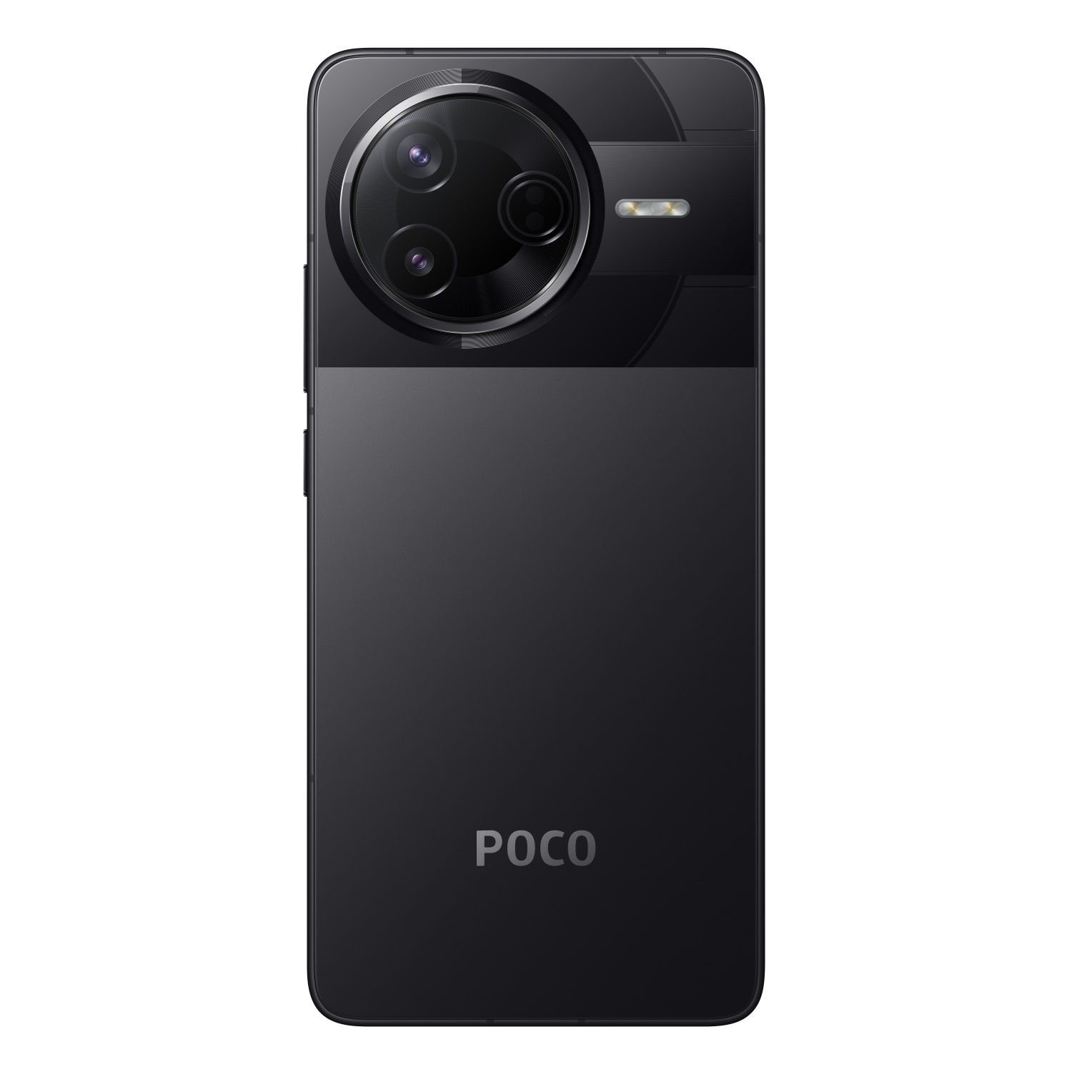 Zwarte smartphone achterkant met drievoudige camera, POCO logo.