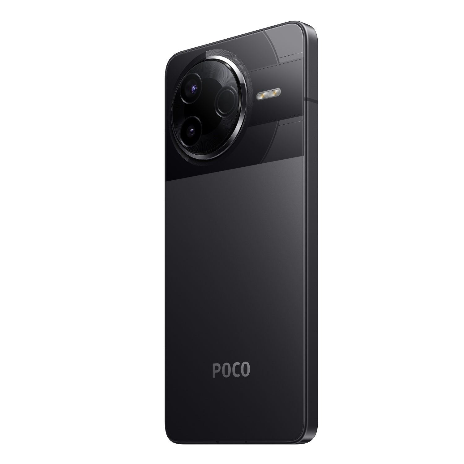 Een zwarte smartphone met een drievoudige camera-opstelling. De telefoon is schuin en toont het POCO-logo.