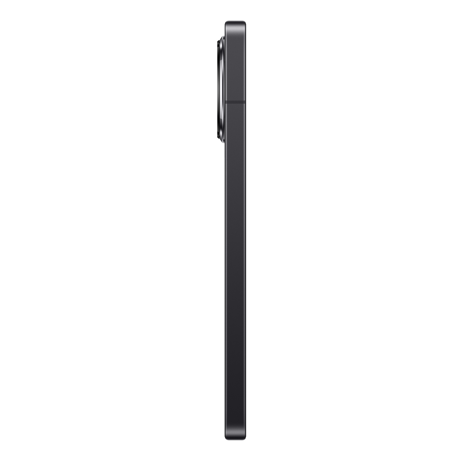 Zwart smartphone-profiel, toont de zijkant met een cameralens op een witte achtergrond.