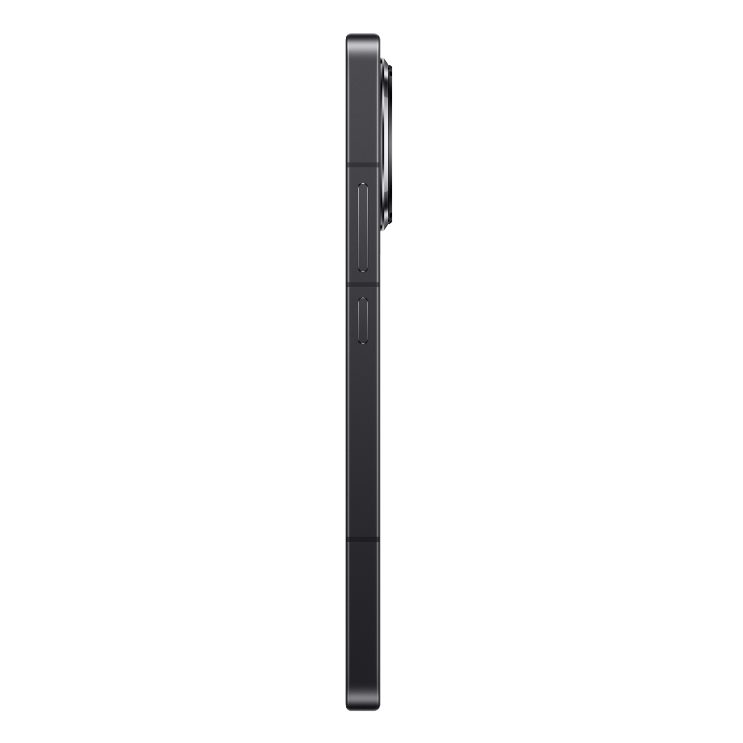Een zijaanzicht van een zwarte mobiele telefoon met een camerabult. De zijkant heeft knoppen en een plat oppervlak.