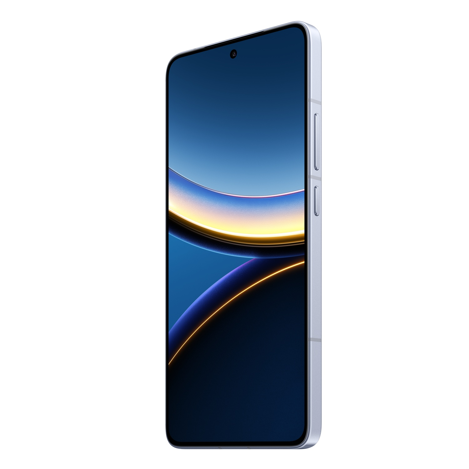 Smartphone with a blue screen, a light blue frame, and buttons on the side, on a white background.