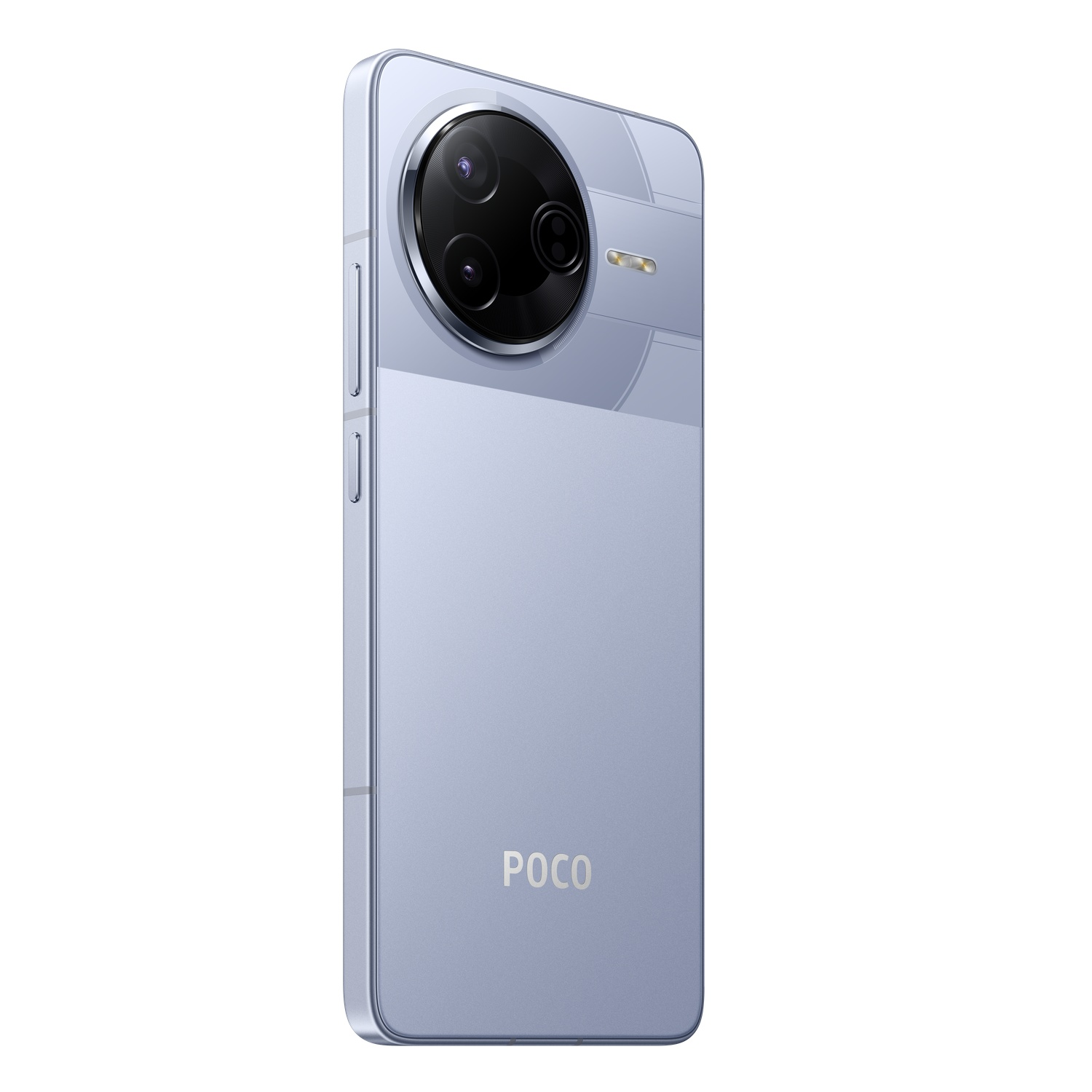Light blue phone with three camera lenses, a flash, and the POCO logo on the back.