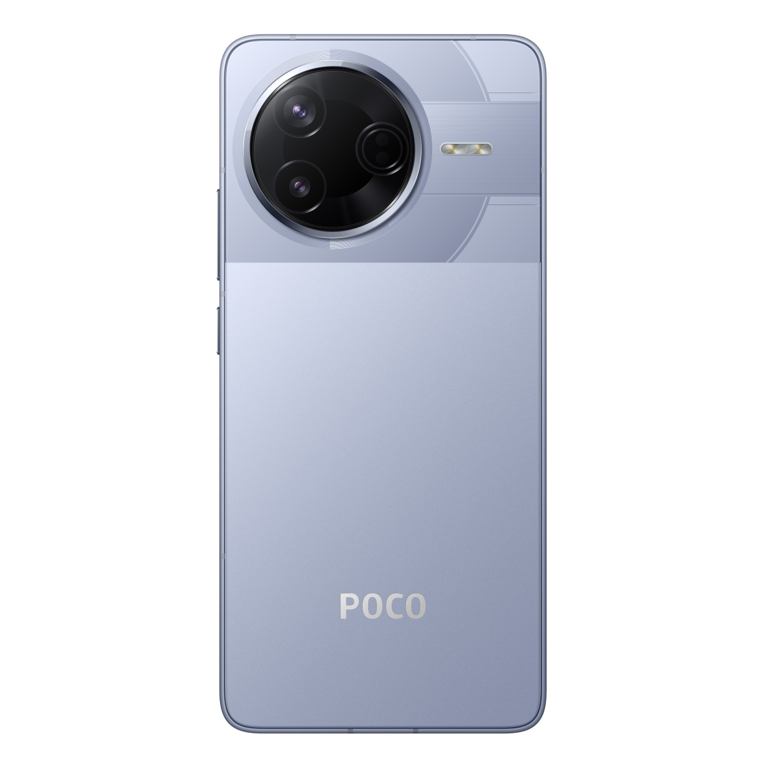 Light blue phone back with three camera lenses, a flash, and the POCO logo at the bottom.