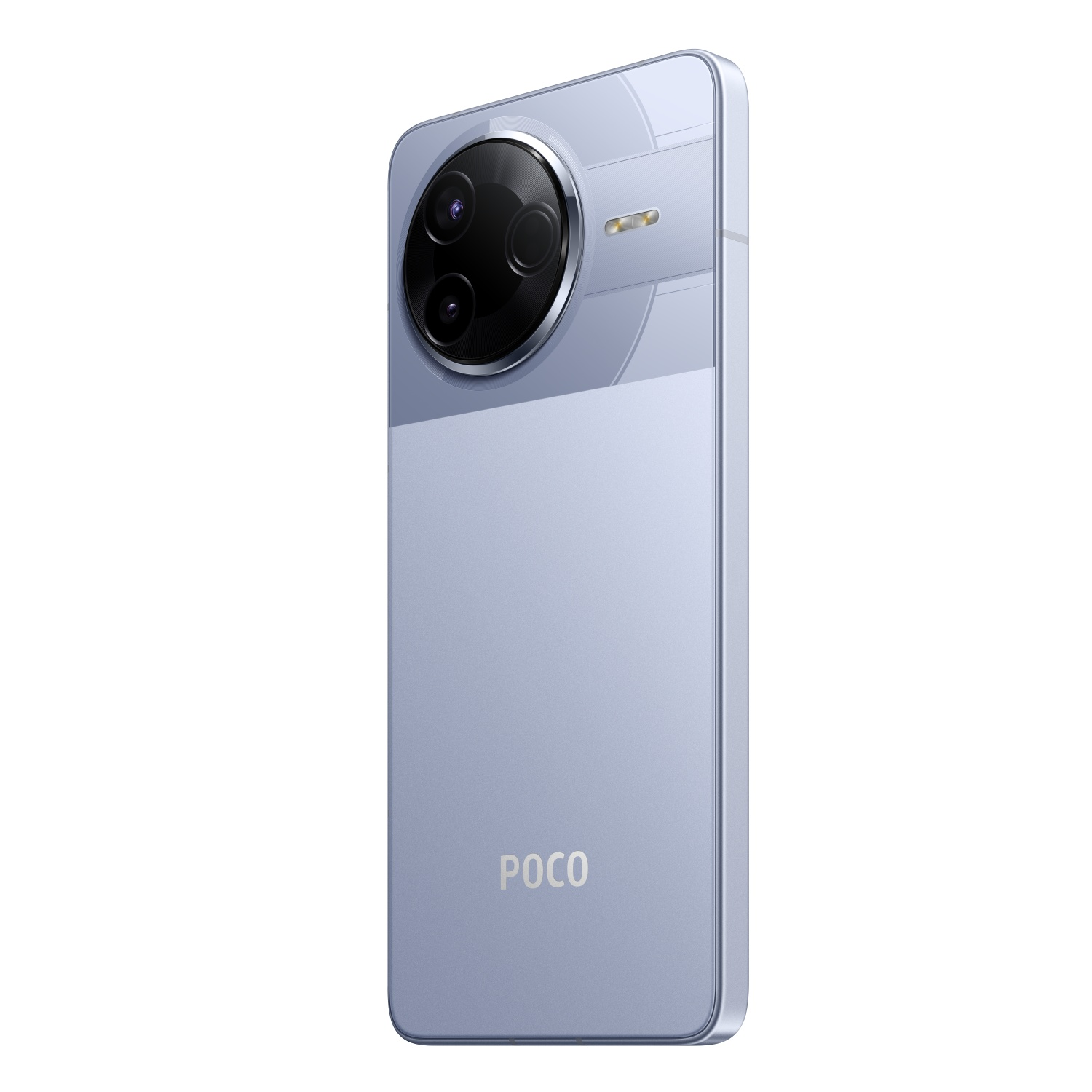 Light blue phone with three camera lenses and a flash on the back, and the POCO logo.