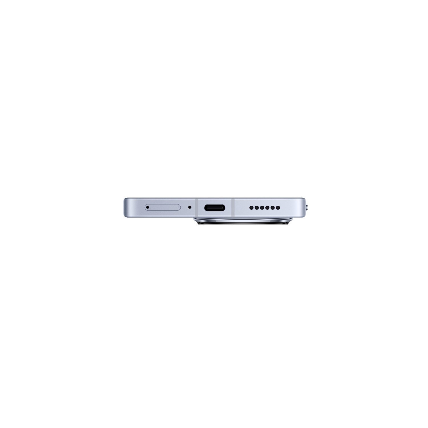 The bottom of a light blue smartphone with a charging port, speaker holes, and a SIM tray.