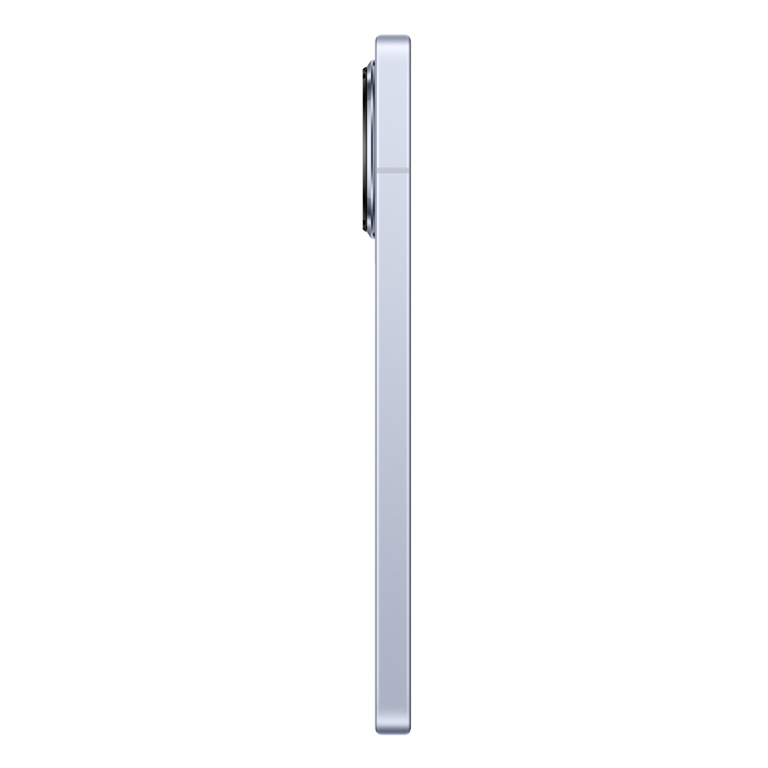 A side view of a light blue smartphone, showing the camera and the slim profile.