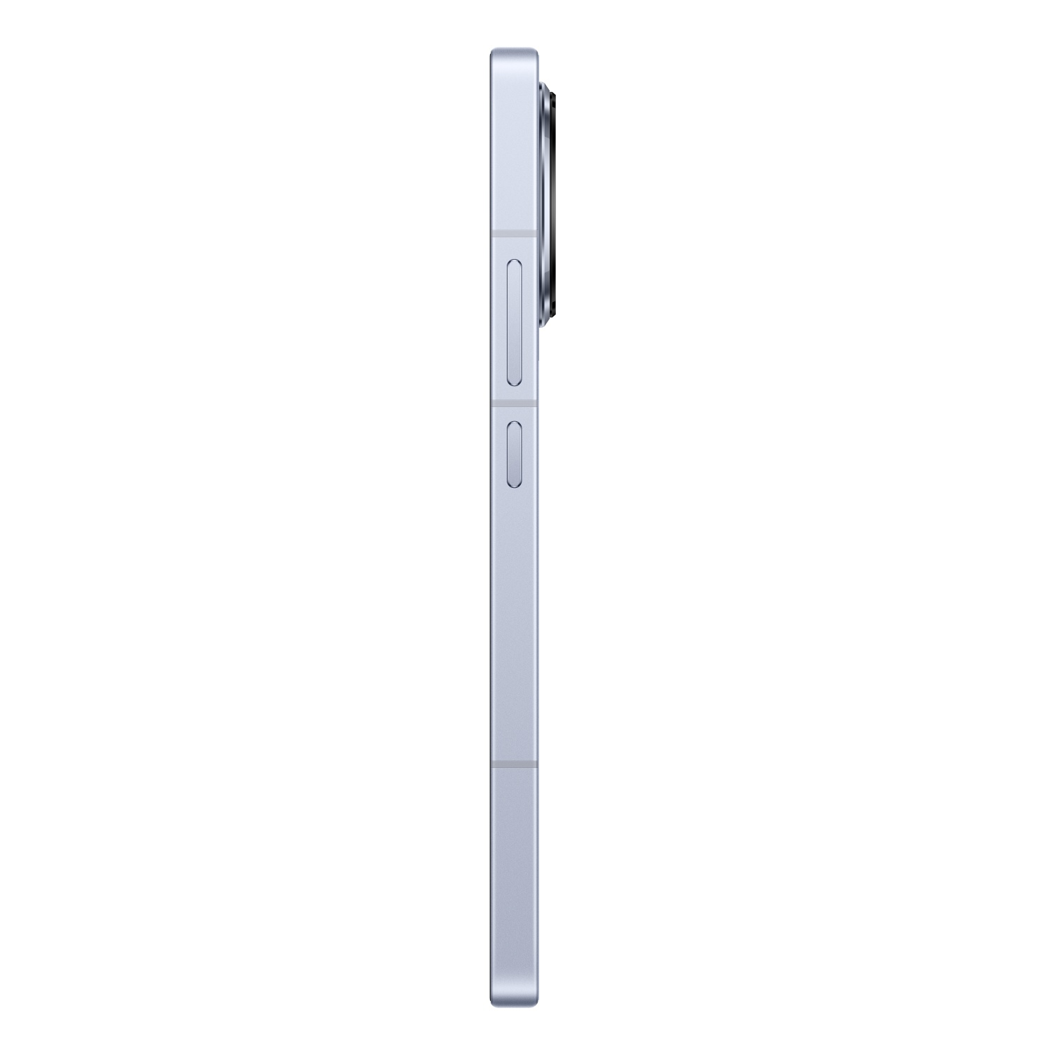 Side view of light blue phone with buttons on the side and a camera on the back.