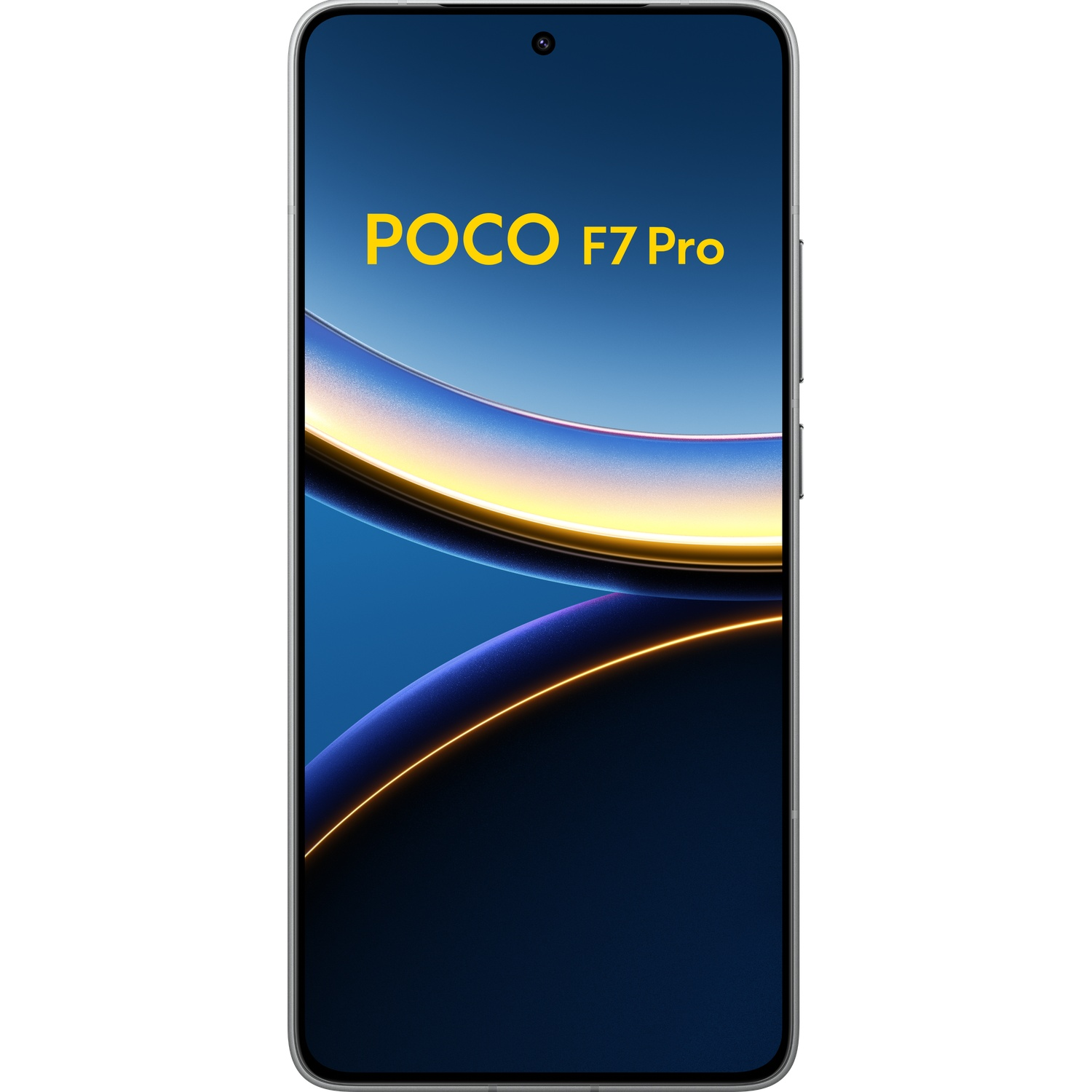 Smartphone met een scherm met 'POCO F7 Pro' en een blauwe gradiënt.