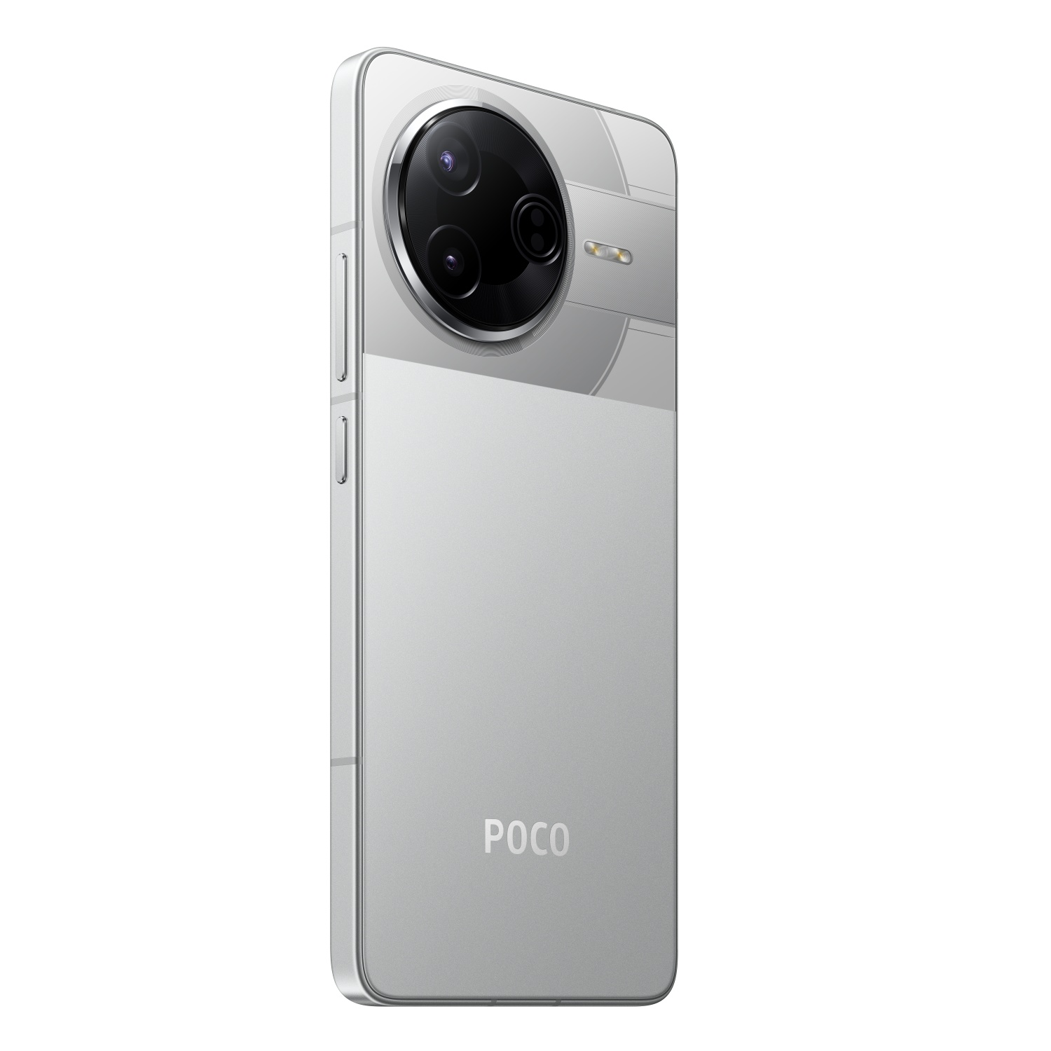 Zilveren smartphone met een grote camerabult aan de achterkant.