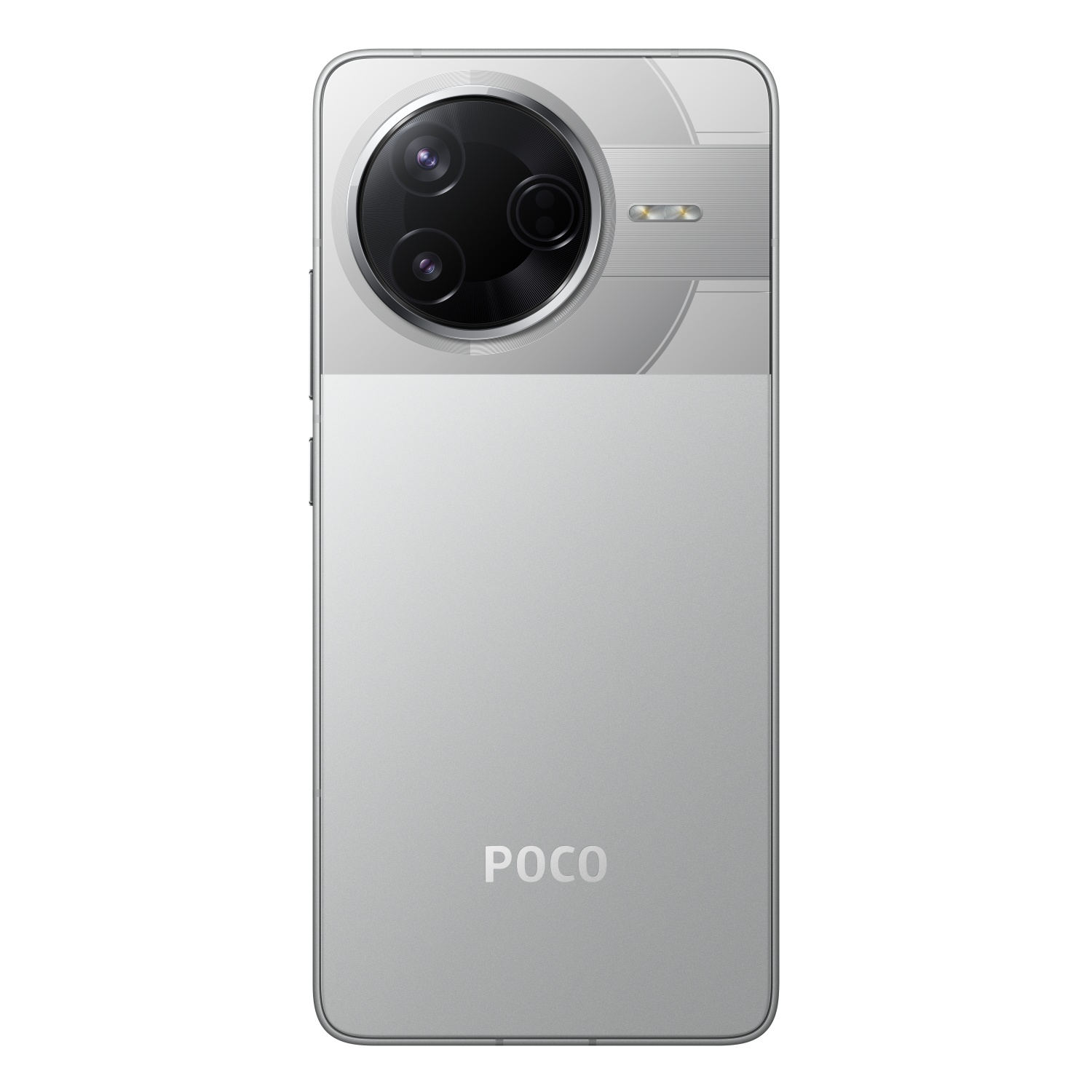 Zilveren POCO-telefoon achteraanzicht met cameramodule en het POCO-logo.