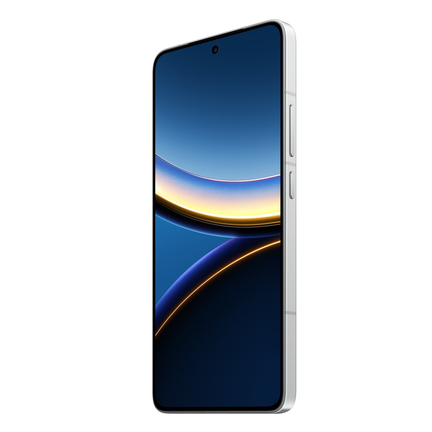 A silver smartphone with a display showing a blue and yellow gradient.