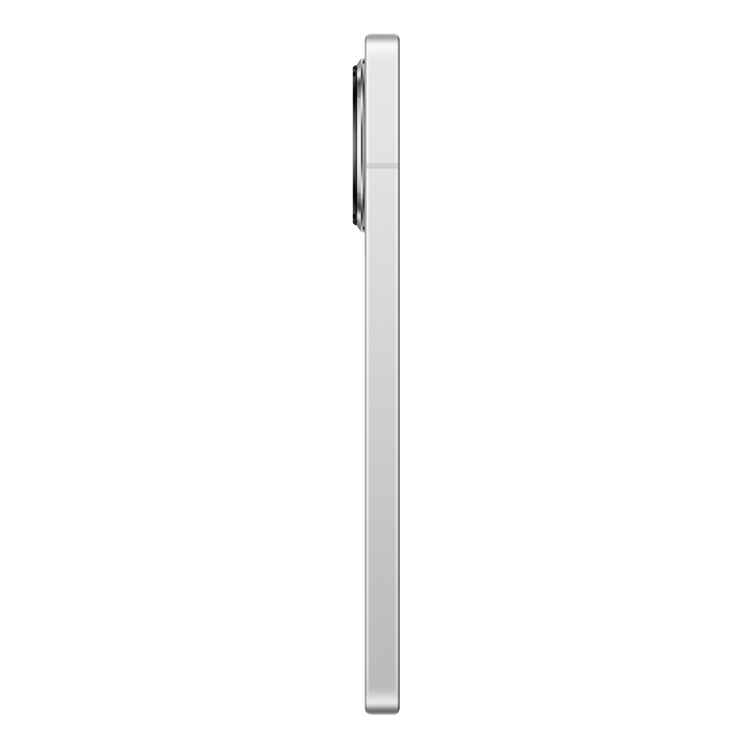 Side view of a silver smartphone, showing the camera lens and the edge. White background.
