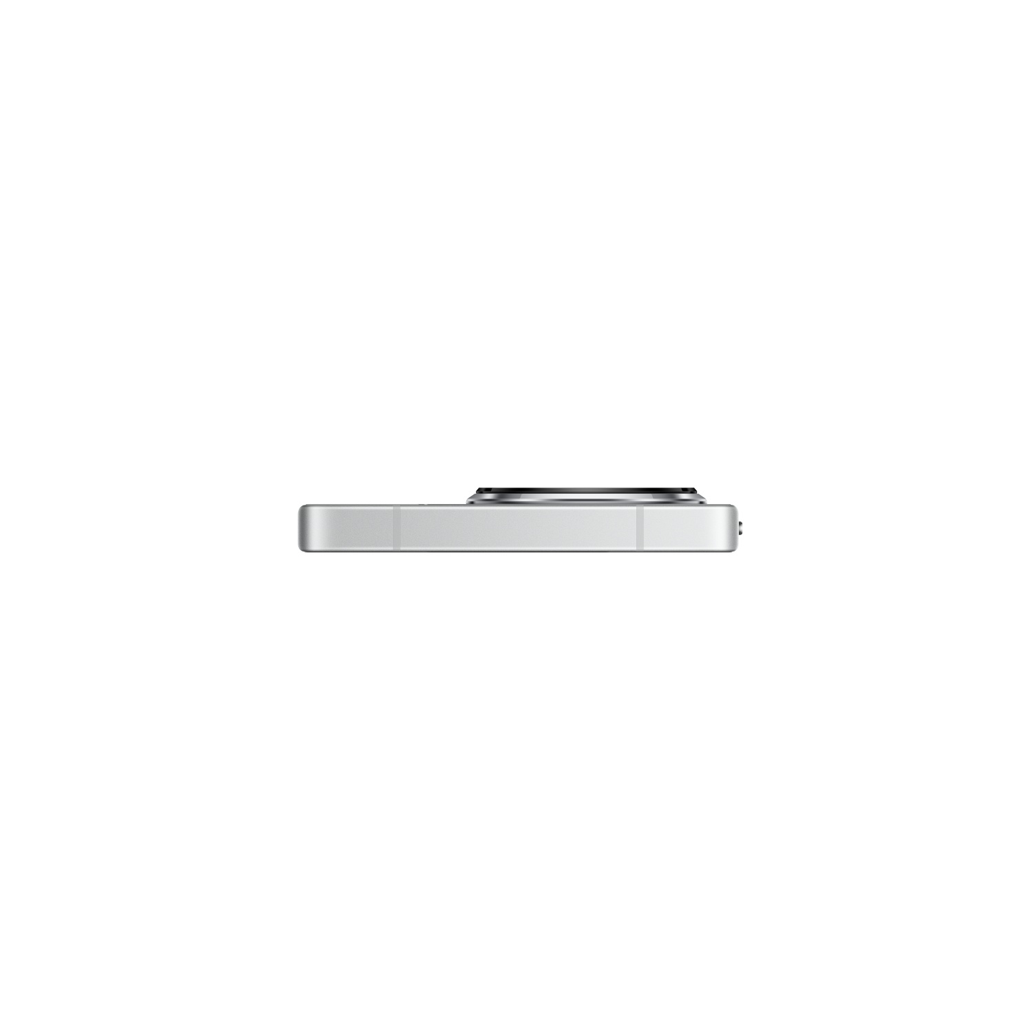 Silver smartphone, top view. A camera bump is visible on the top left corner.