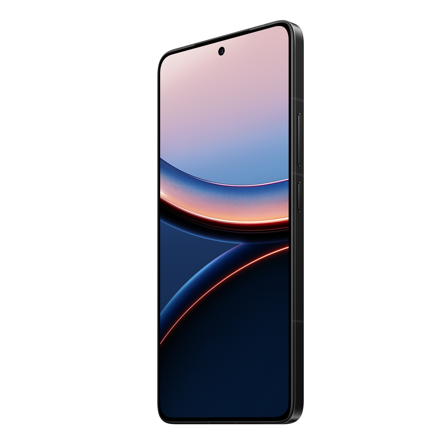 Smartphone with a screen showing an abstract design, and buttons on the side.