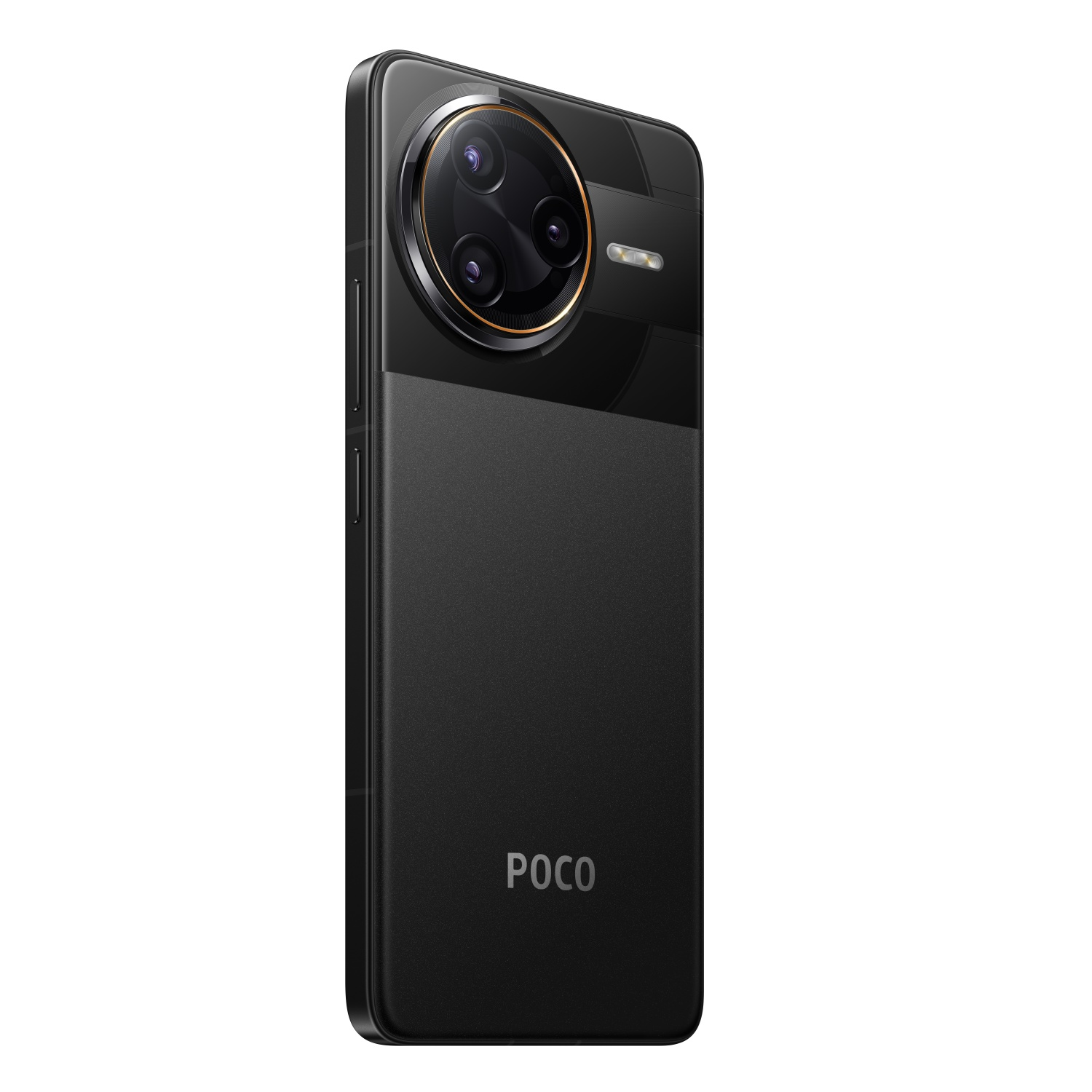 A black smartphone's back, featuring a large camera module with three lenses. The brand POCO is visible.