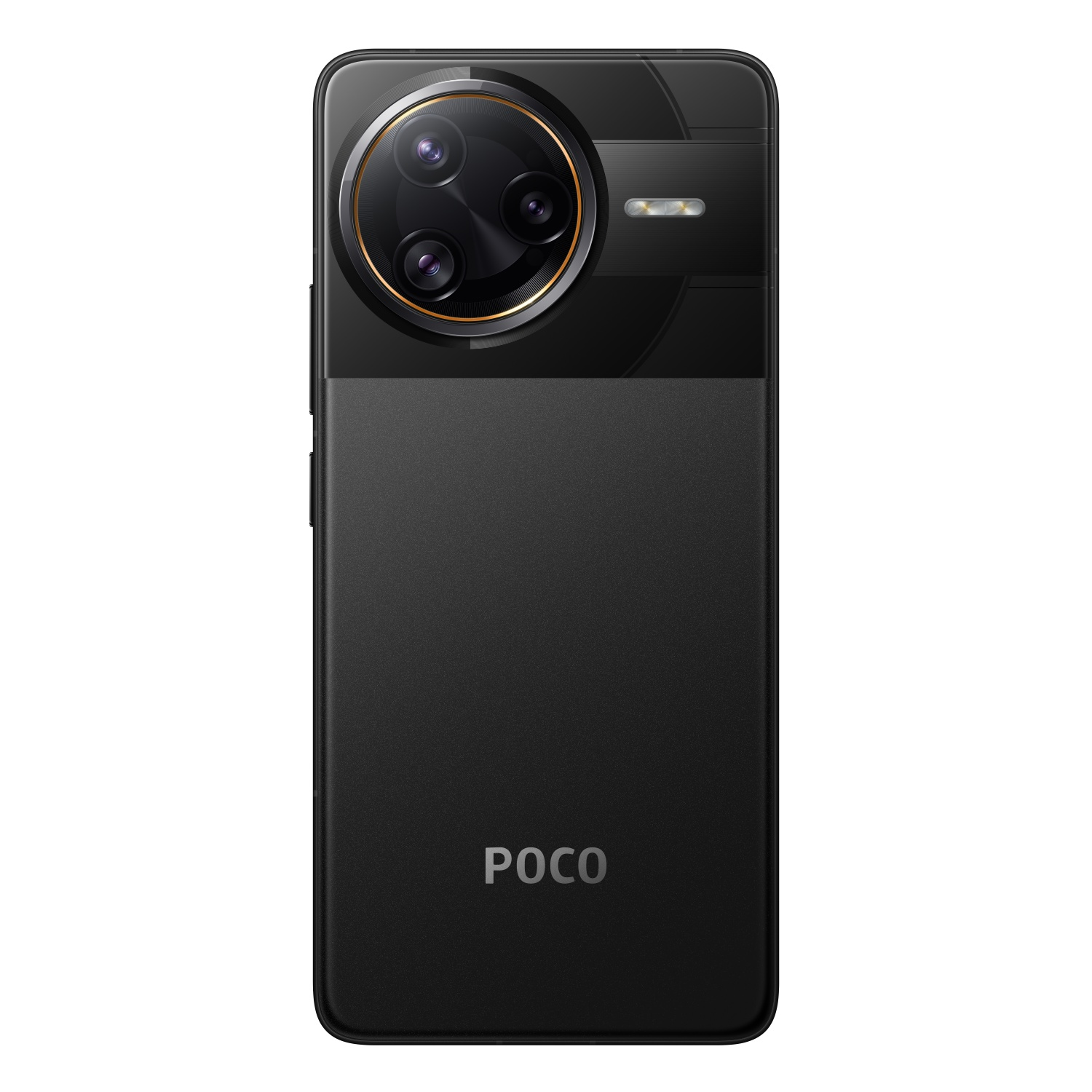 Black POCO phone's back with triple cameras and a black stripe. POCO logo.