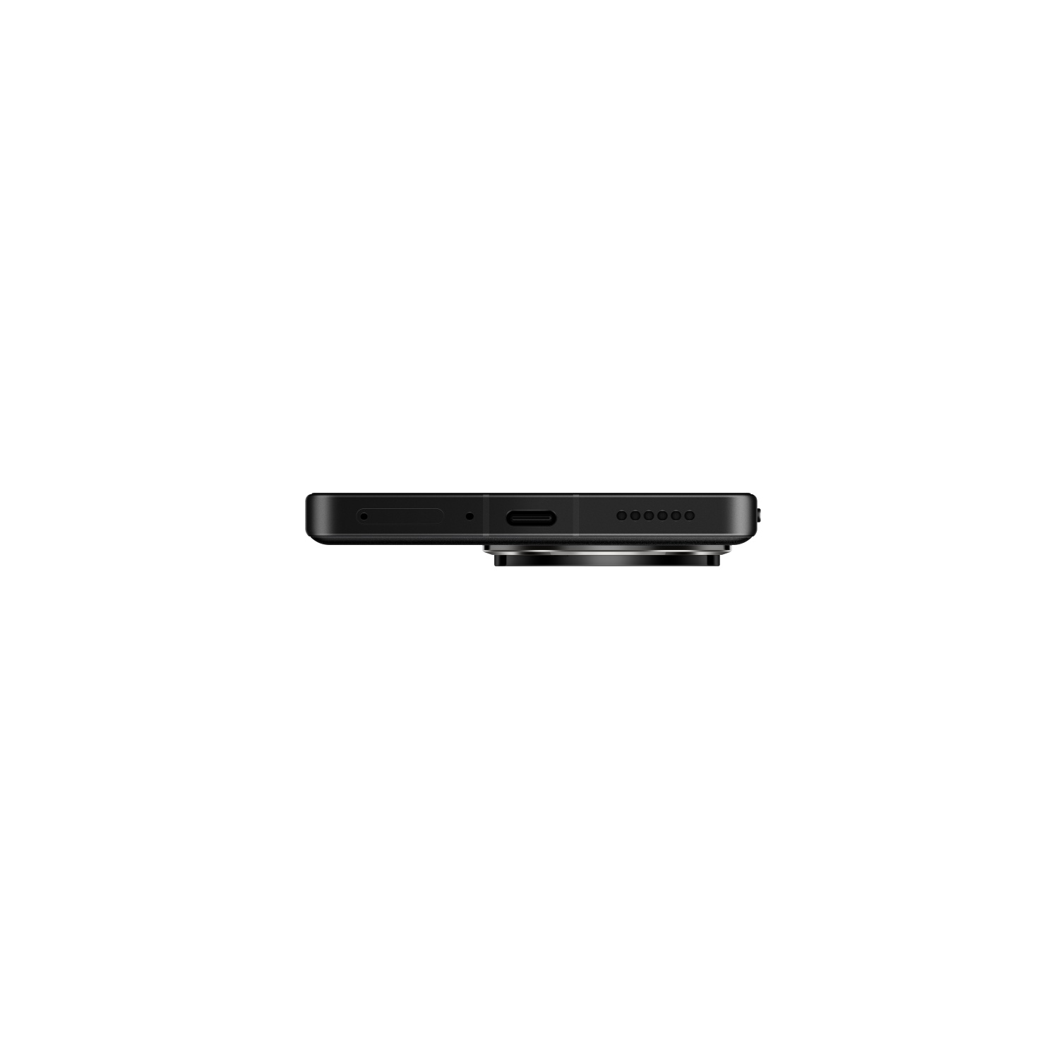 Top view of a black smartphone. The phone has a camera bump and a USB-C port.
