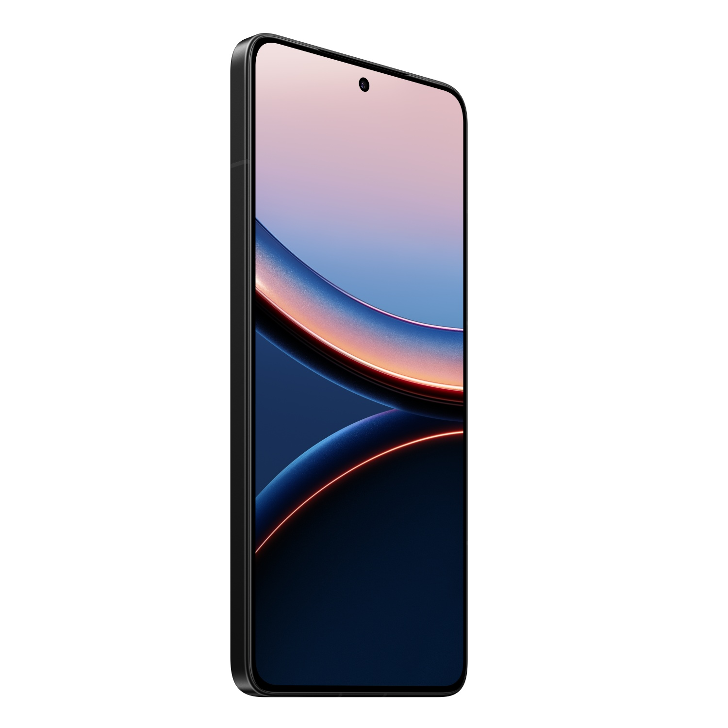 Een zwarte smartphone met een scherm met blauwe en roze abstracte vormen.