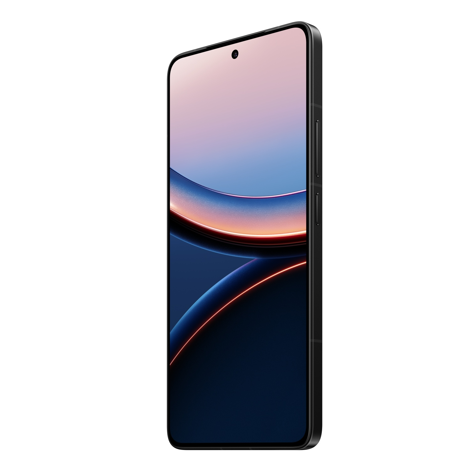 Een slanke zwarte smartphone met een gebogen scherm dat een kleurrijk abstract ontwerp toont.
