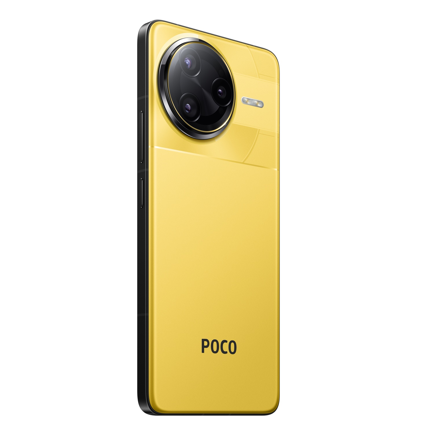 Gele smartphone met drie camera's en het woord 'POCO' op de achterkant.