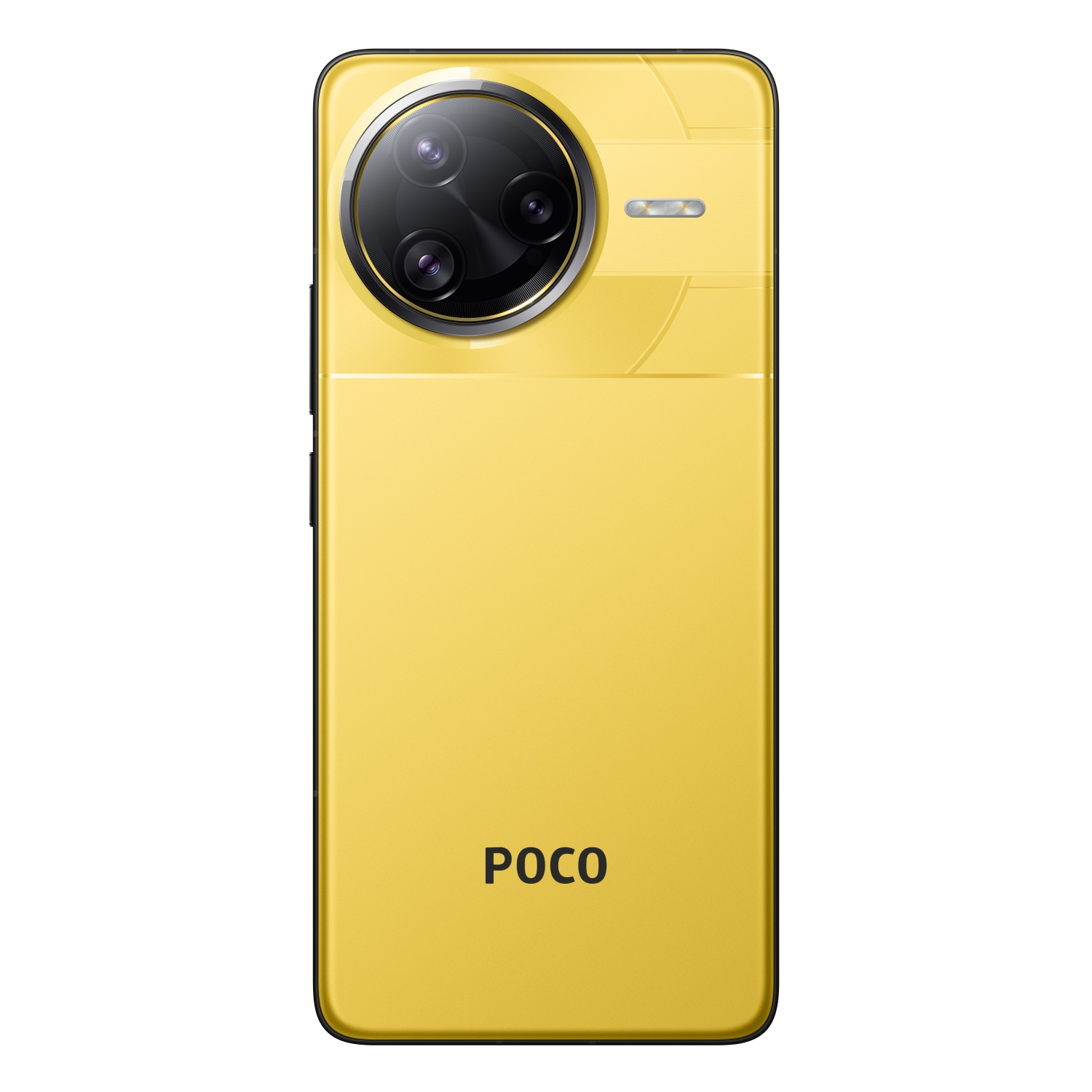 Gele POCO-telefoon met drie camera's aan de achterkant en het POCO-logo.