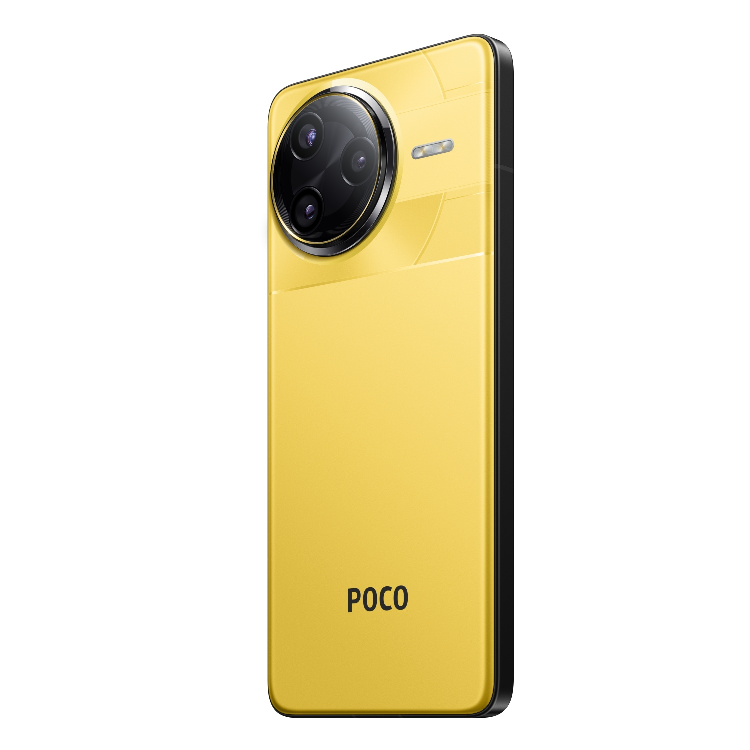 Gele telefoon achterkant met drie cameralenzen. Het woord 'POCO' staat erop.