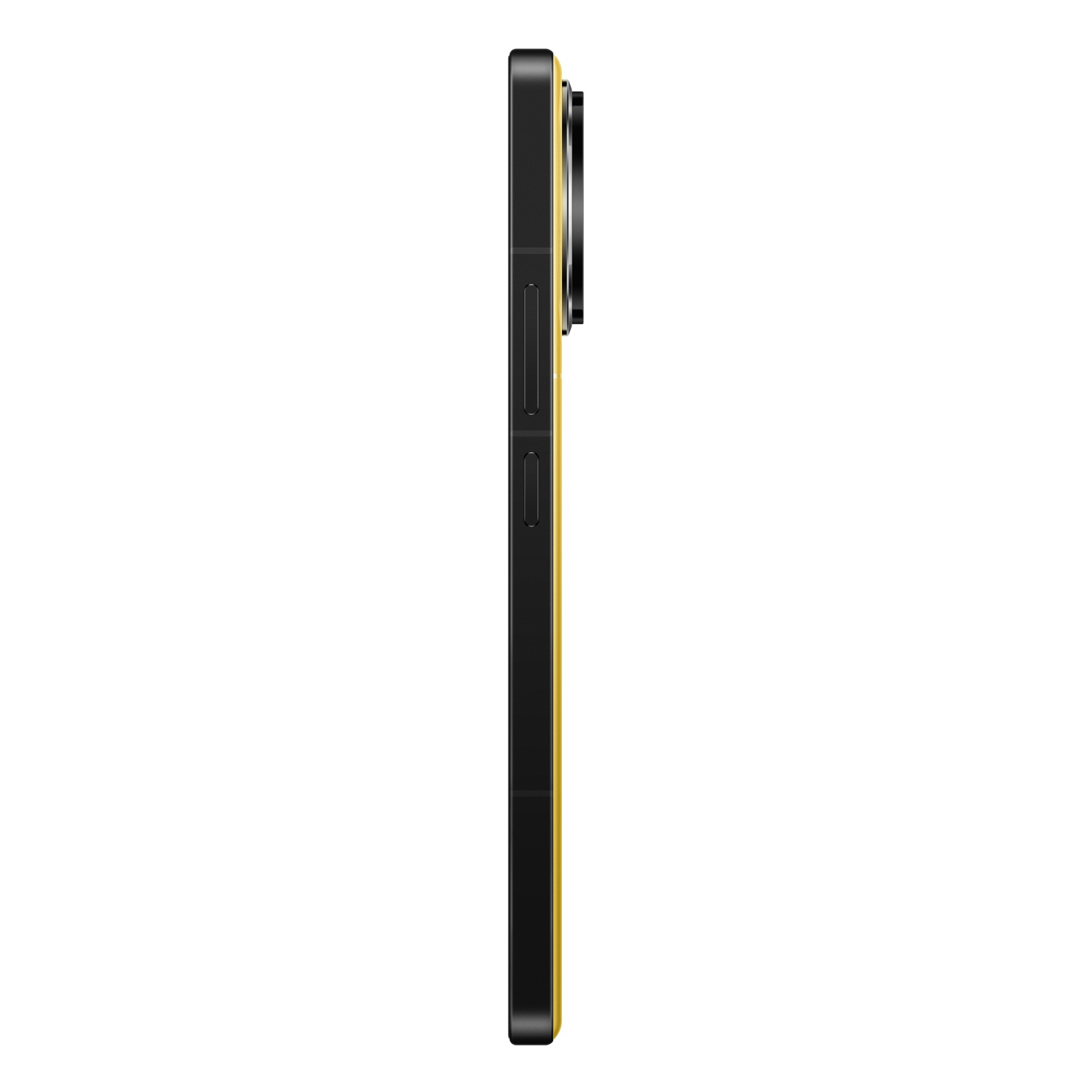 Zijaanzicht van een zwarte smartphone met een gouden frame en een cameramodule. De cameralens is zichtbaar.