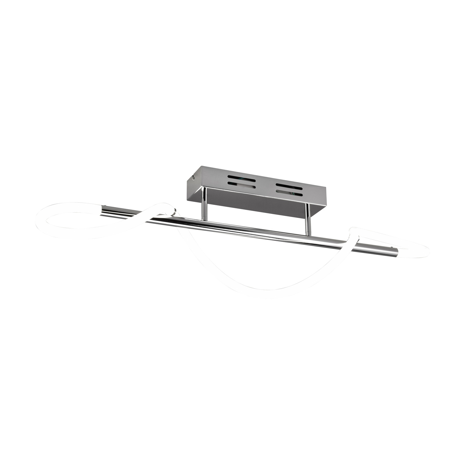 Lampada da soffitto moderna con finitura cromata ed elementi luminosi bianchi curvi.