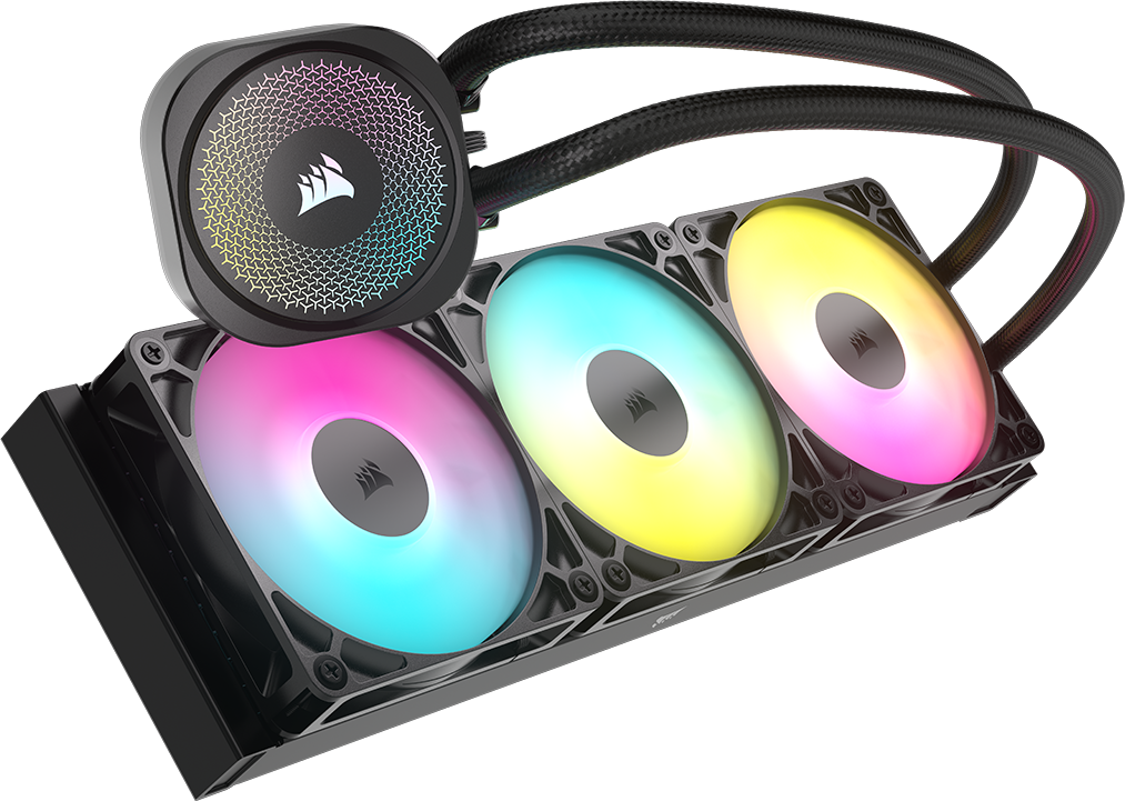 RGB-Flüssigkeitskühler mit drei Lüftern und einer Kreiselpumpe. Corsair-Marke auf Pumpe.