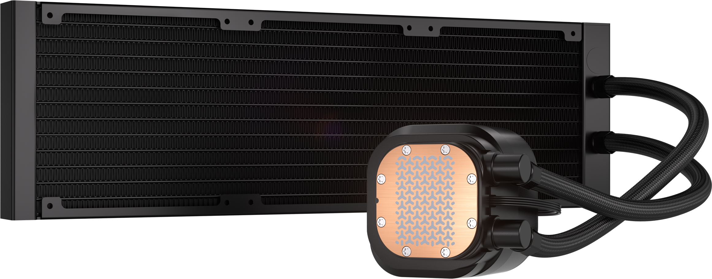 Schwarze PC-Wasserkühlung mit Radiator und Pumpe. Die Pumpe hat eine Kupferbasis mit Logo.