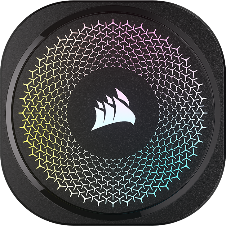 Corsair LED-Lüfter mit farbiger Beleuchtung. Das Corsair-Logo befindet sich in der Mitte.