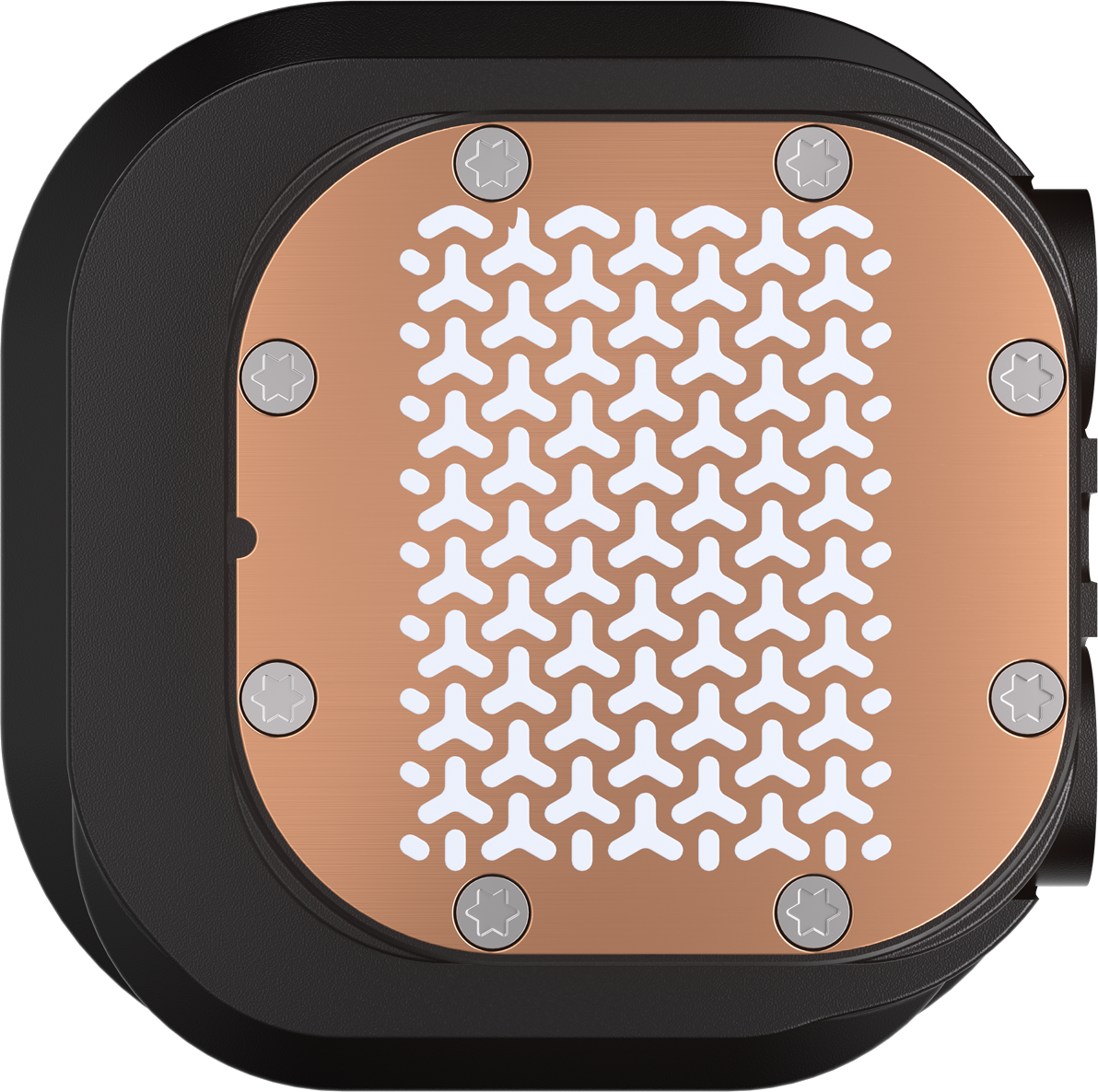 Eine Draufsicht auf einen schwarzen CPU-Kühler mit Kupferbasis und Lüfterdesign.