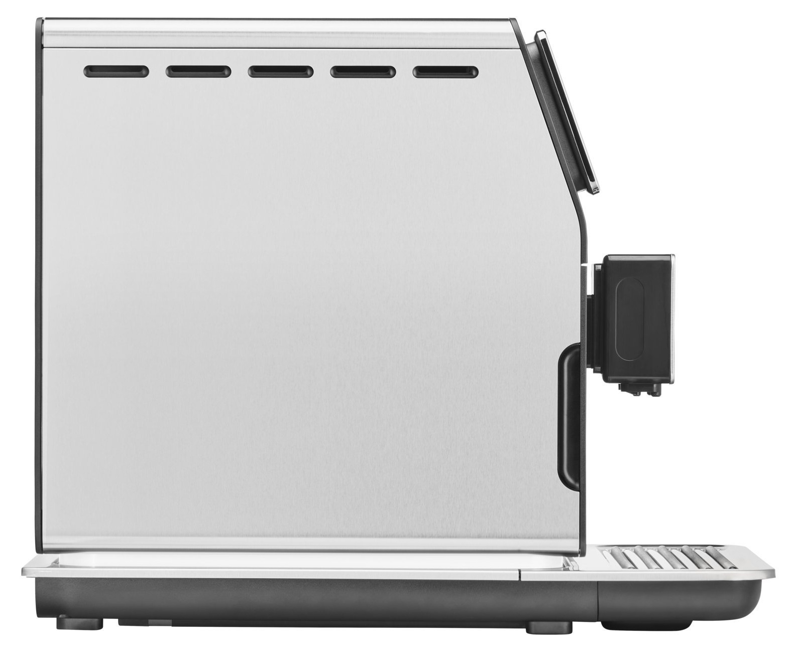 Widok z boku srebrnego ekspresu do kawy. Stal nierdzewna i czarna podstawa.