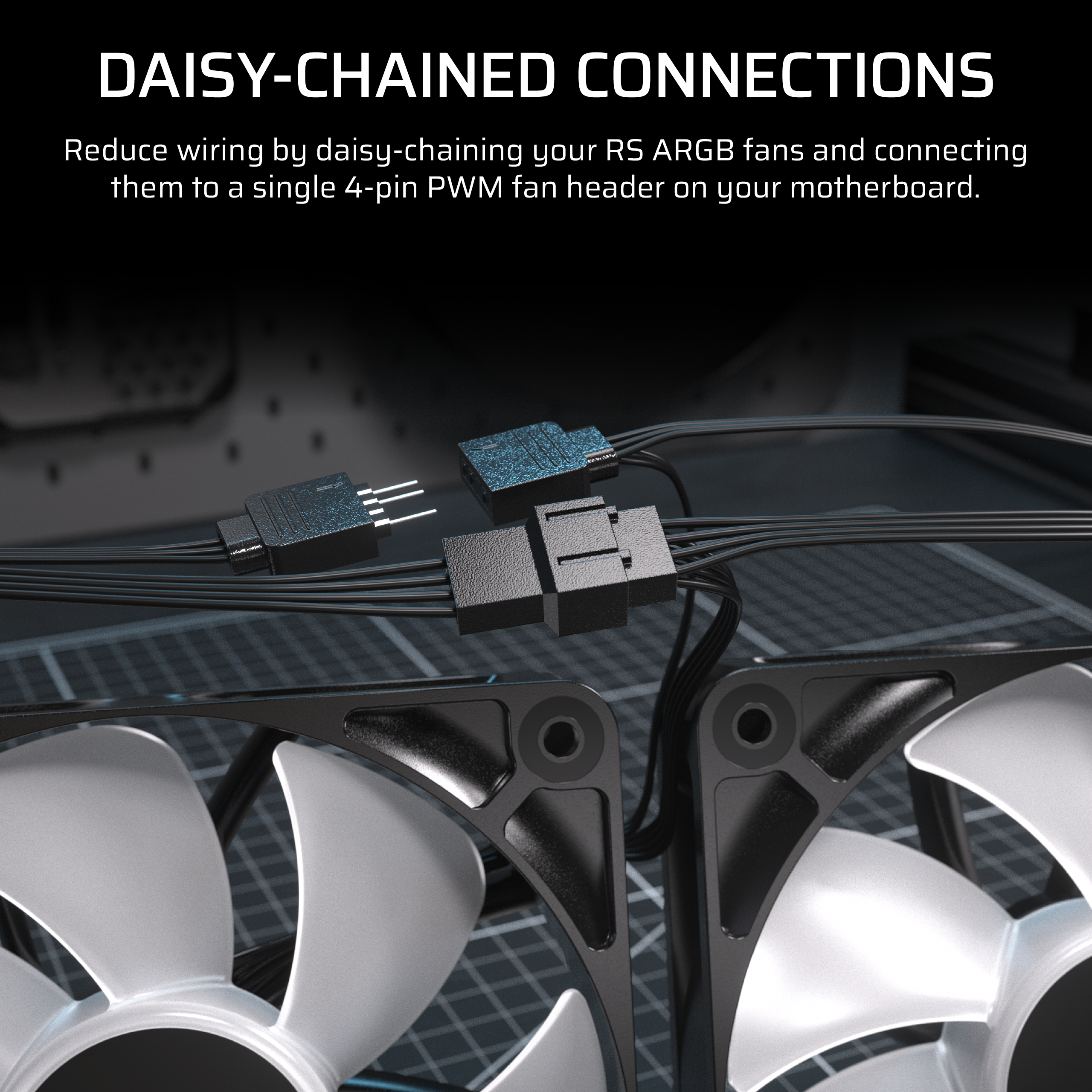 Bild zeigt Daisy-Chain-Anschlüsse für Lüfter. Drähte verbinden Lüfter mit einem 4-Pin-Header.