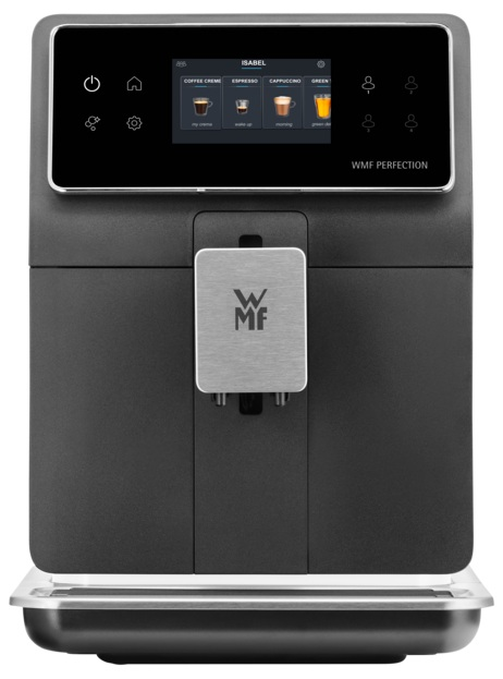 Czarny ekspres do kawy z ekranem dotykowym. Logo WMF z przodu, opcje kawy na ekranie.