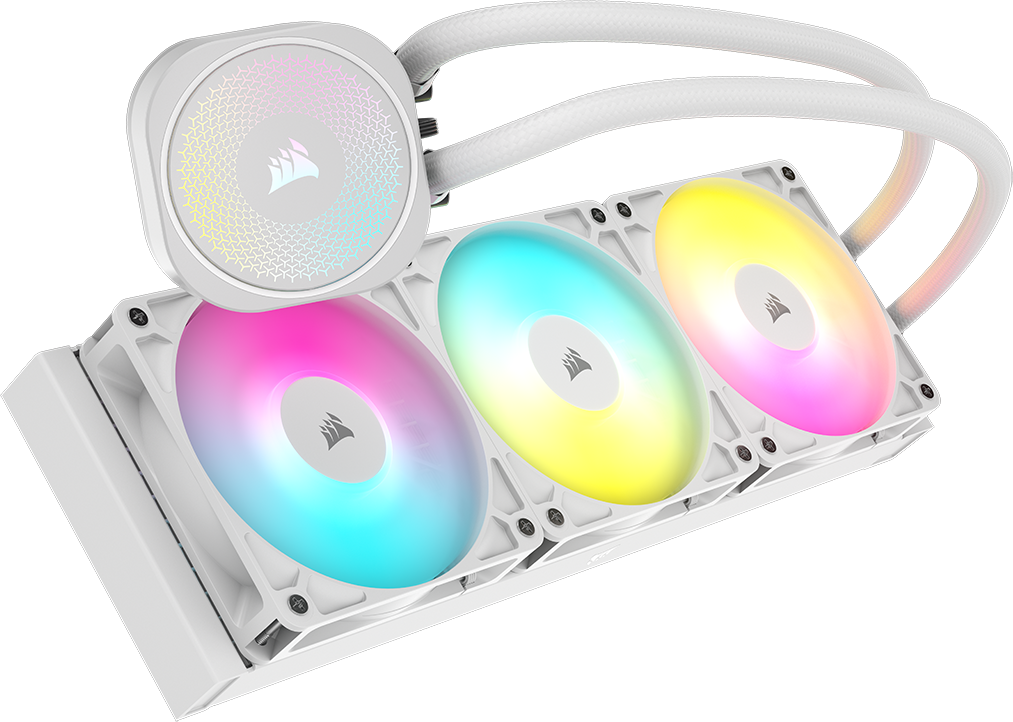 Weißer Computerkühler mit RGB-Lüftern.
