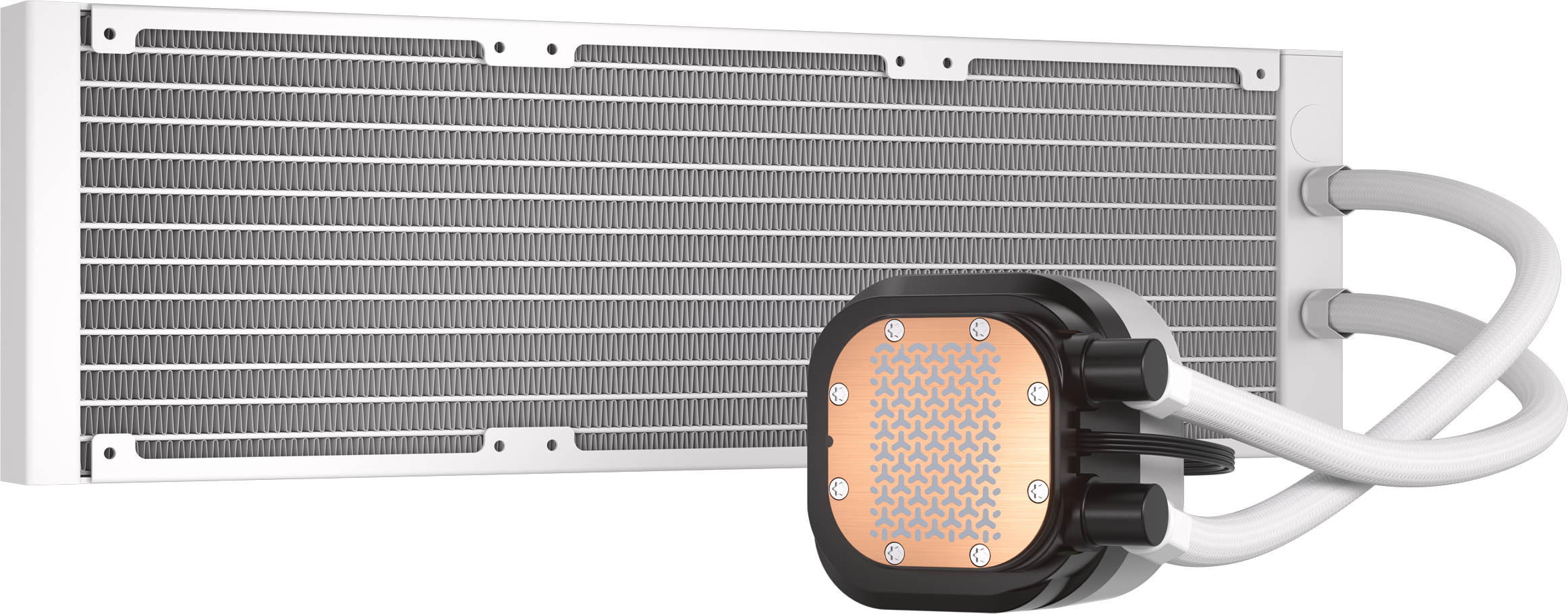 Weißer Flüssigkeitskühler mit Radiator und Schläuchen. Der Radiator hat eine silberne Oberfläche.