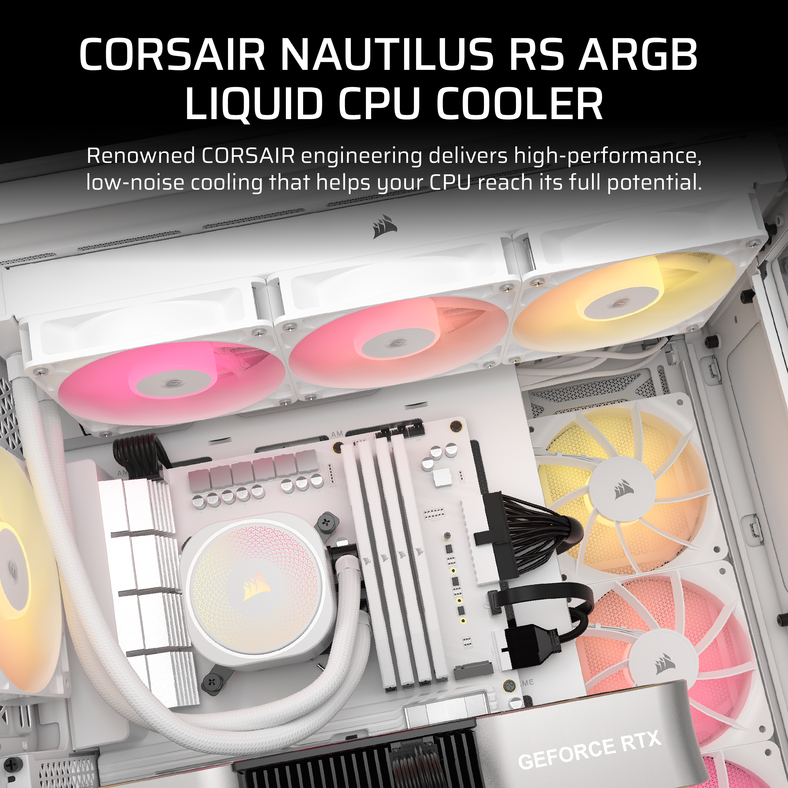 Computer-Kühlsystem mit Lüftern, die pinkes, gelbes und weißes Licht zeigen, in einem Computergehäuse.