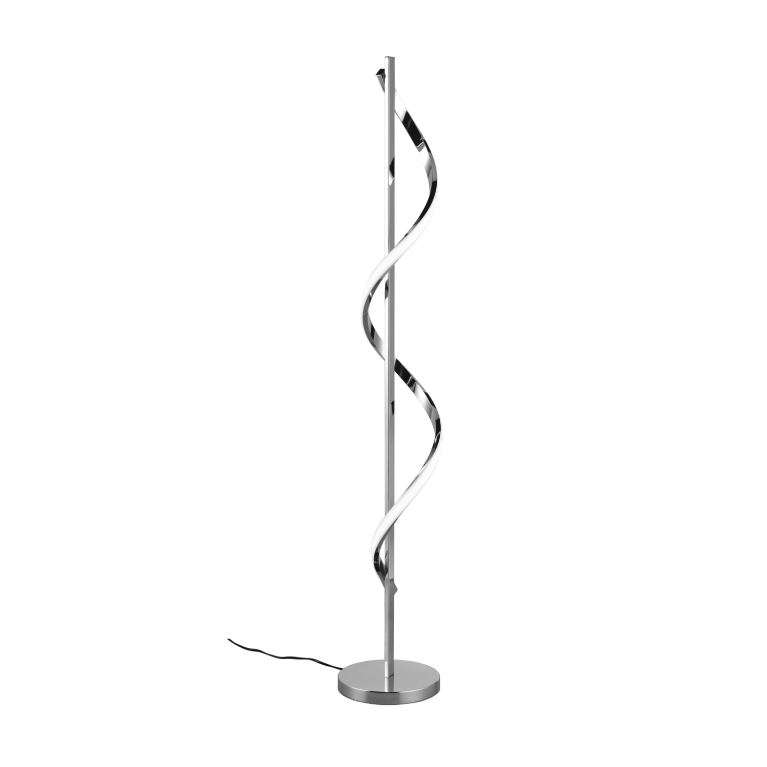 Una lampada da terra alta, argentata, con un design a spirale e luce bianca.