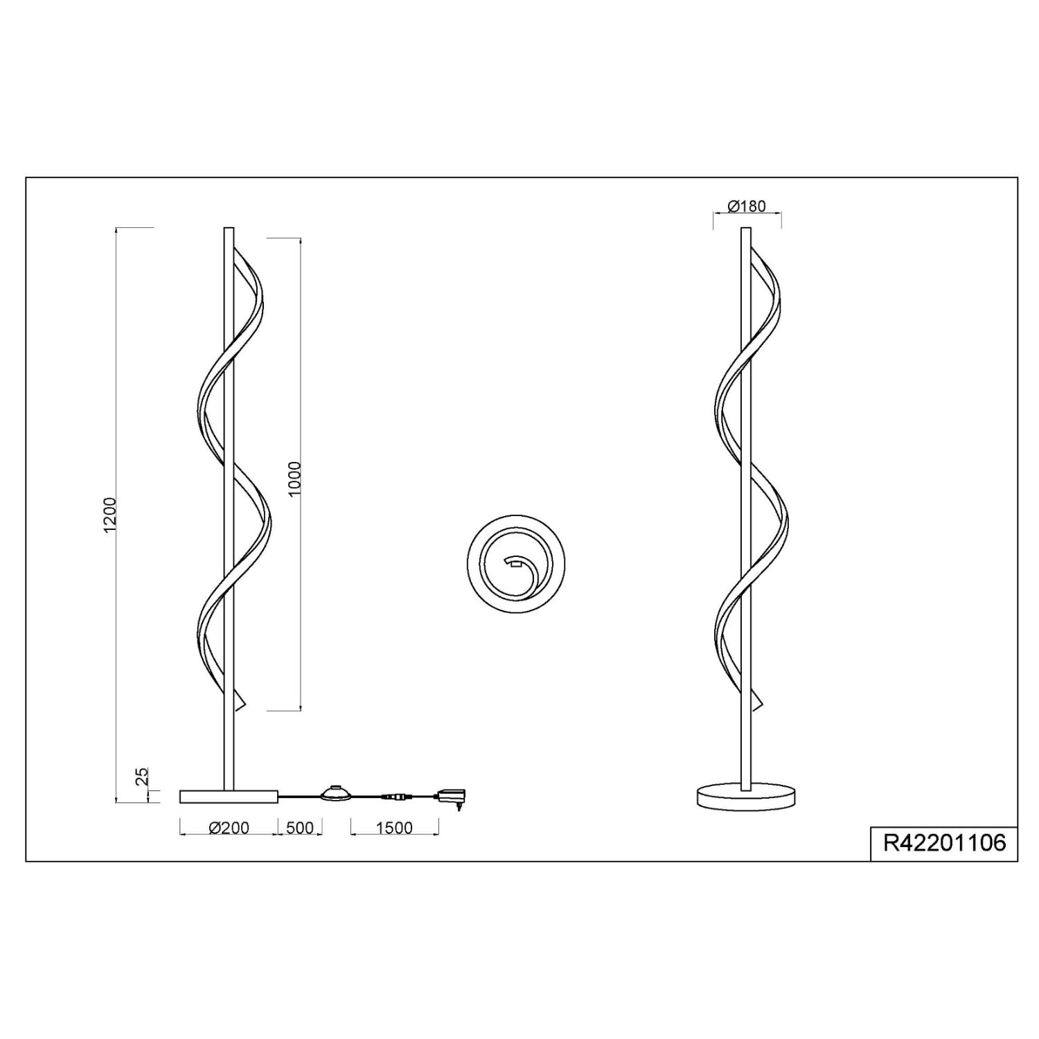 Disegno tecnico di una lampada da terra. Mostra dimensioni e design a spirale per la luce.