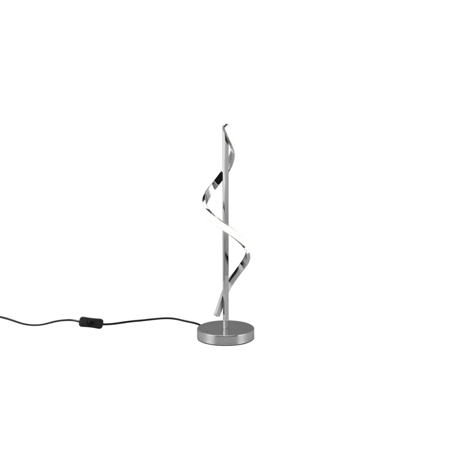 Lampada a LED a spirale argentata su base rotonda, con cavo nero.