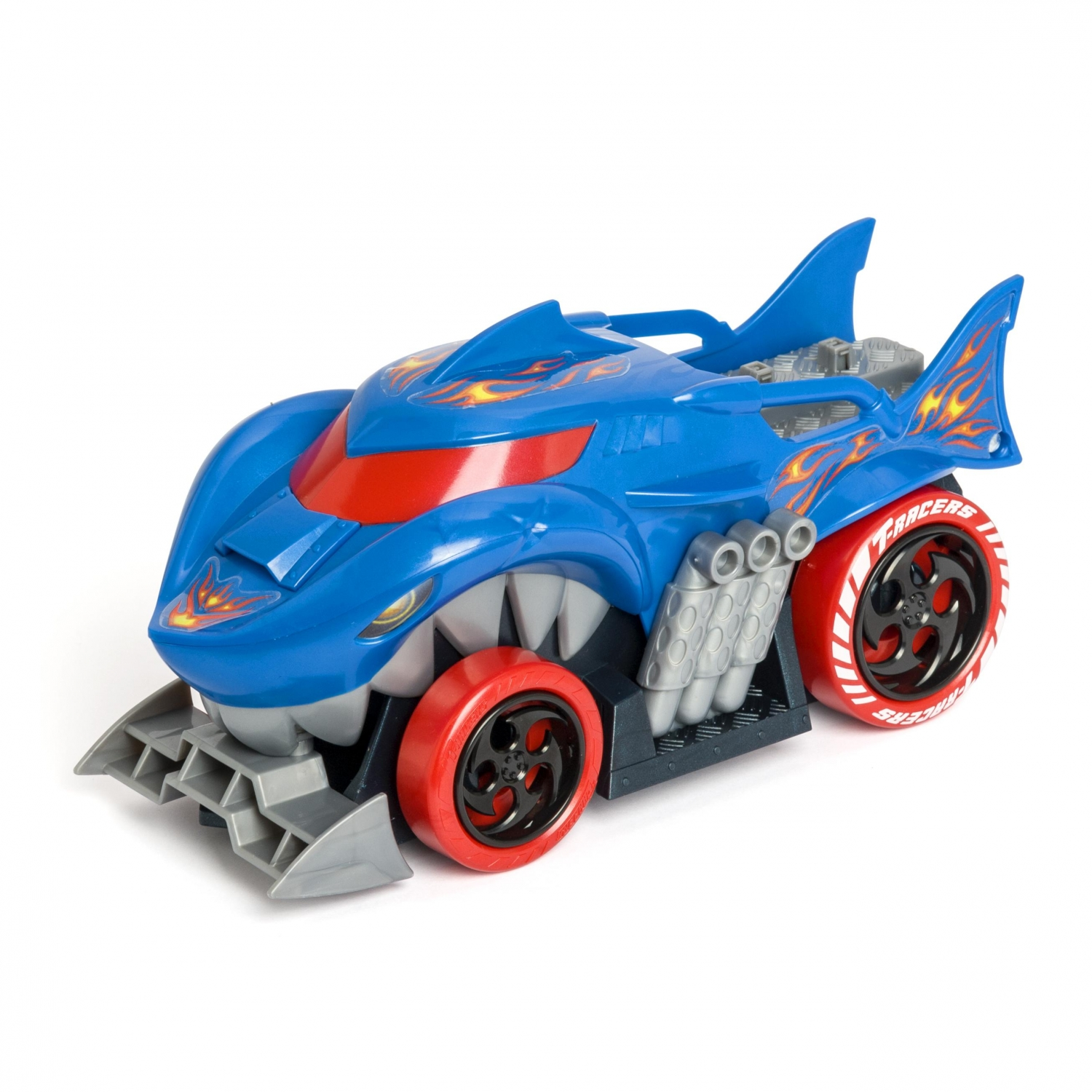 Un coche de juguete azul con ruedas rojas, diseño de tiburón y calcomanías de llamas.