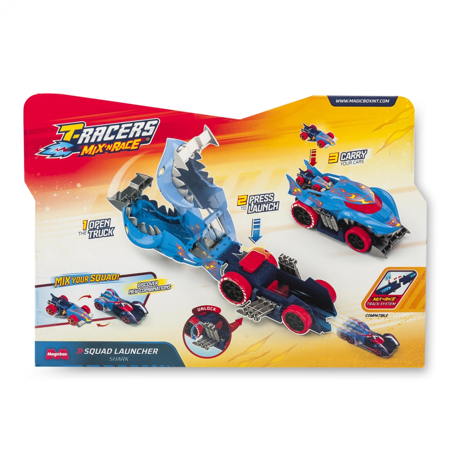 Lanzador de coches de juguete con forma de tiburón. El texto dice 'Mix n' Race'.