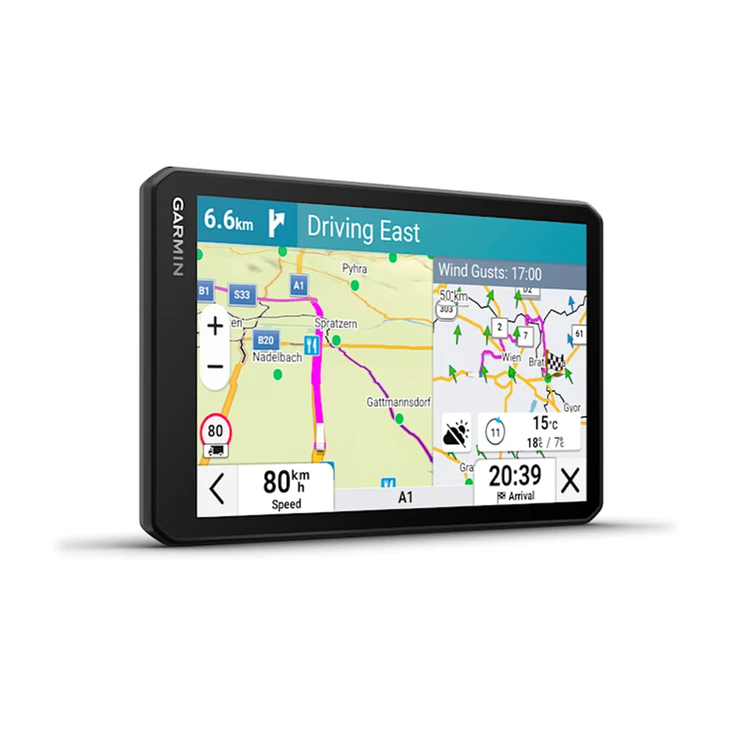 Garmin GPS device showing map and directions.  Speed, distance, and ETA are displayed.
