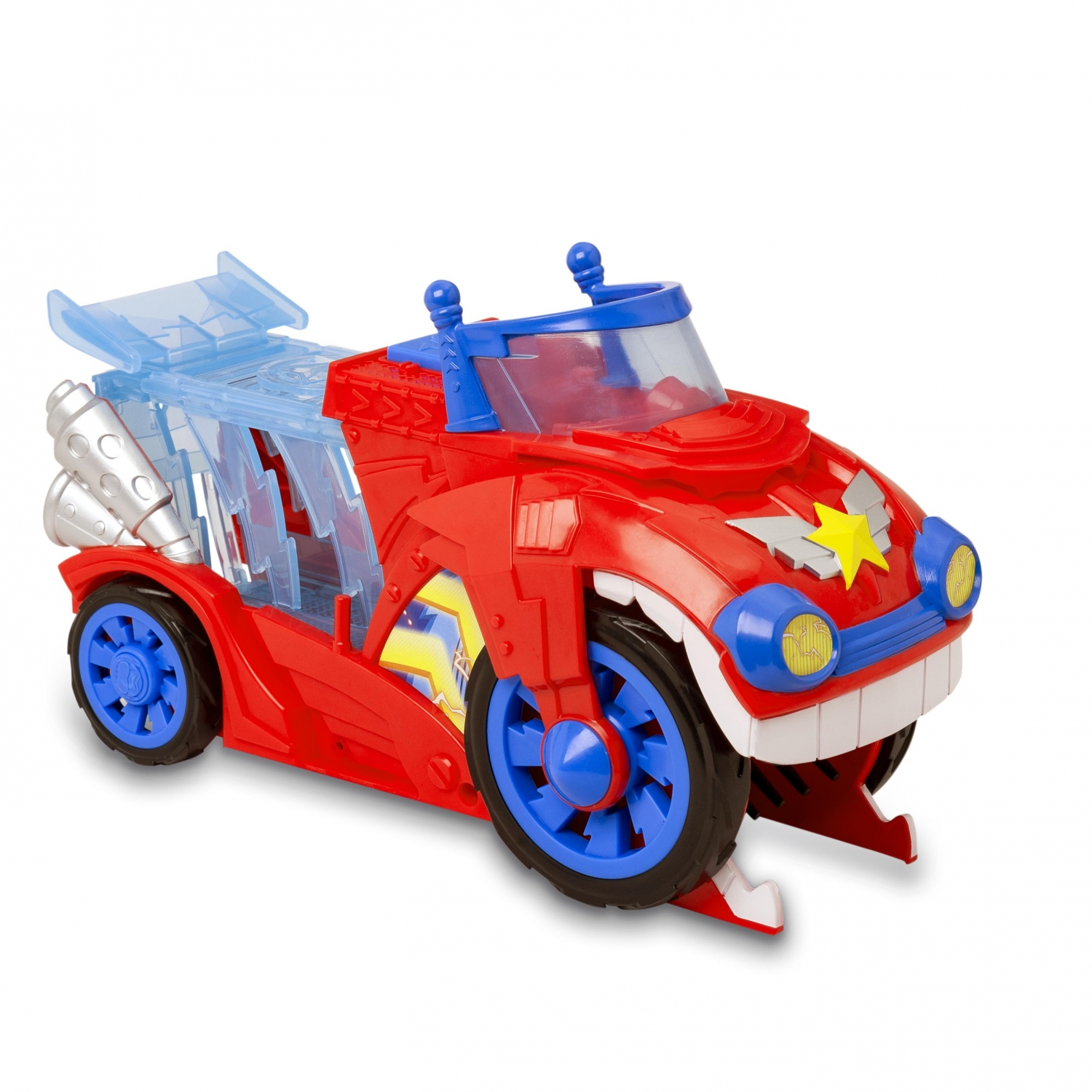 Un coche de juguete rojo con ruedas azules y un techo transparente con diseño de dibujos animados.