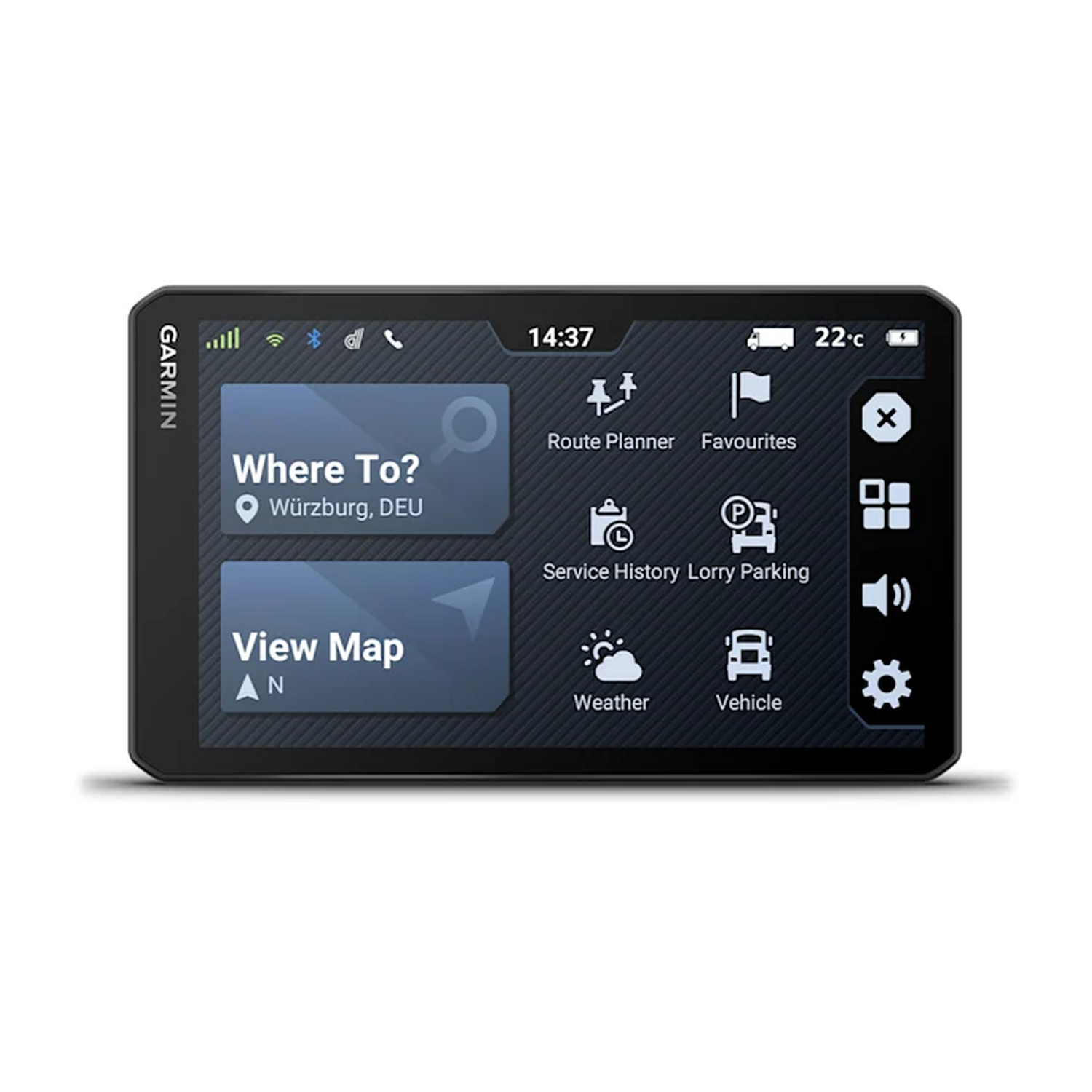 Garmin GPS device displaying where to go, route planner, etc.