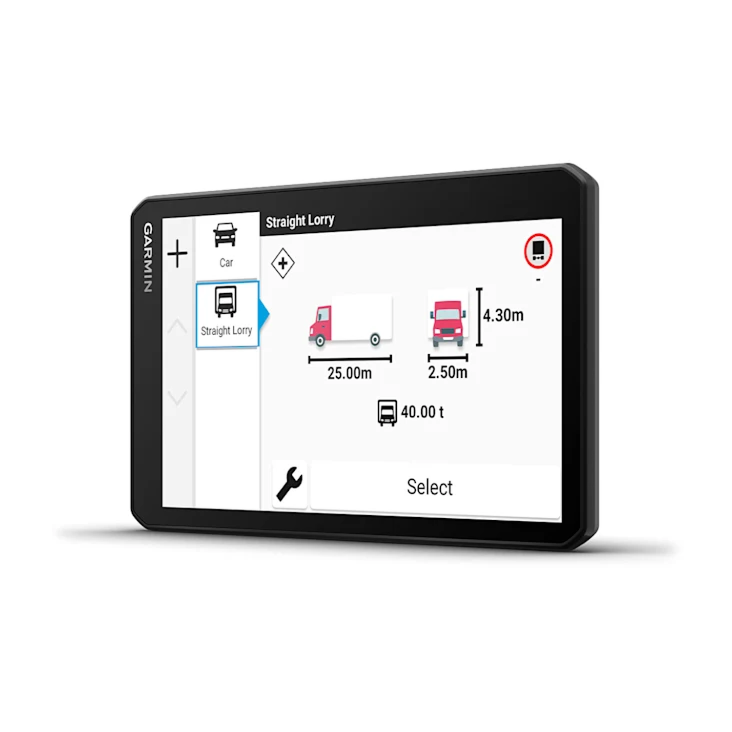 Garmin device displaying a straight lorry icon, dimensions, and options.
