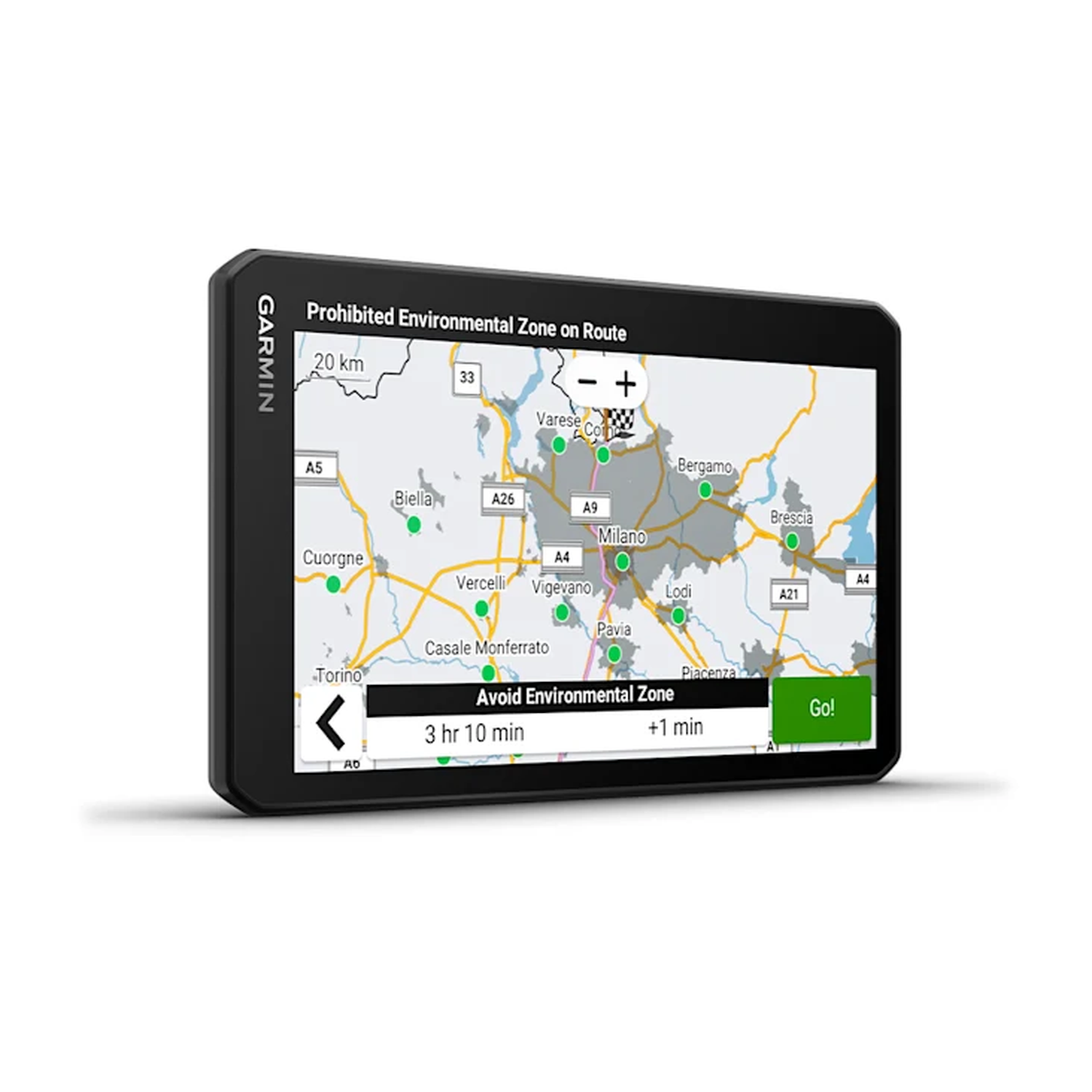 Garmin GPS navigation device showing a map with route info.